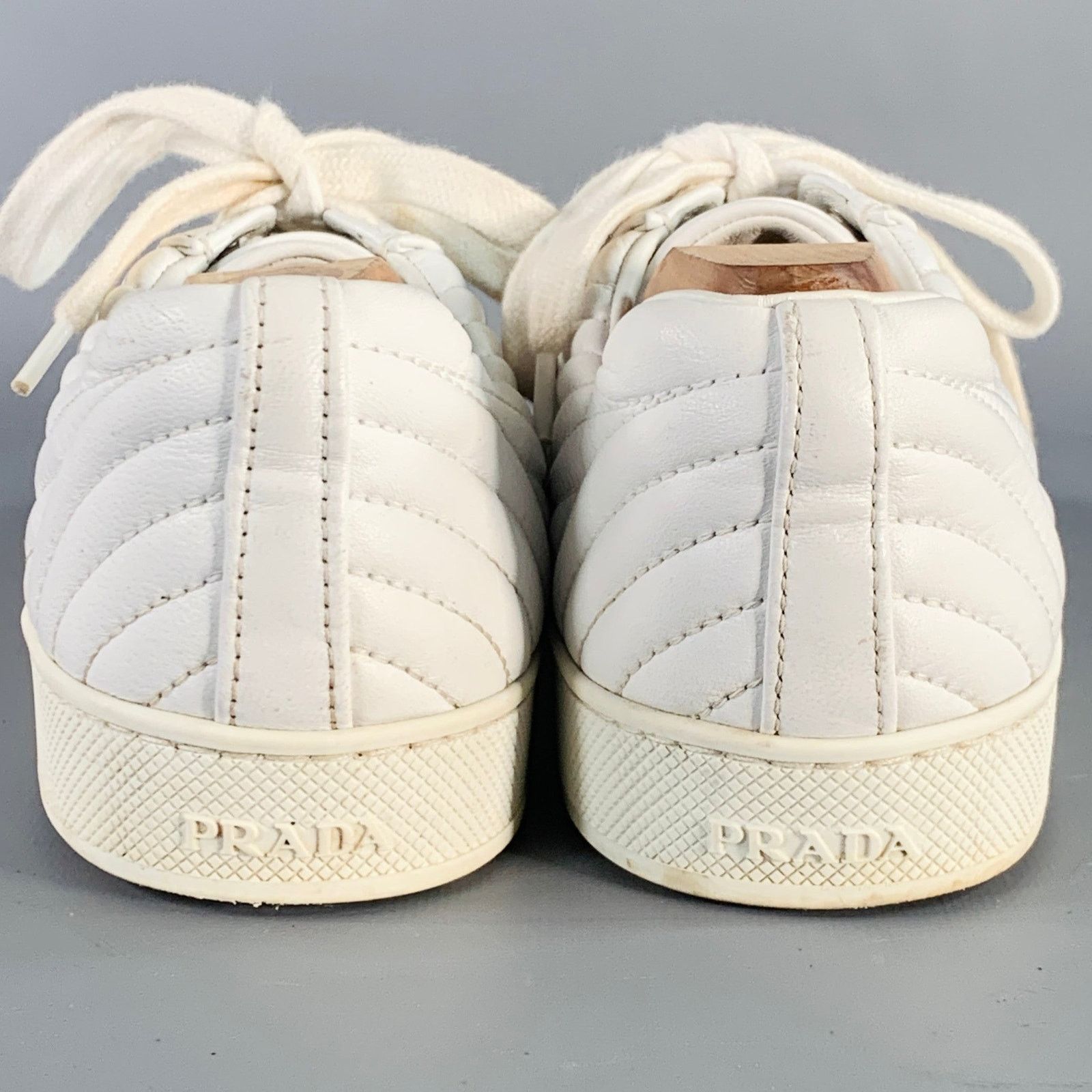 PRADA Size 8 White Leather Quilted Low Top Sneakers