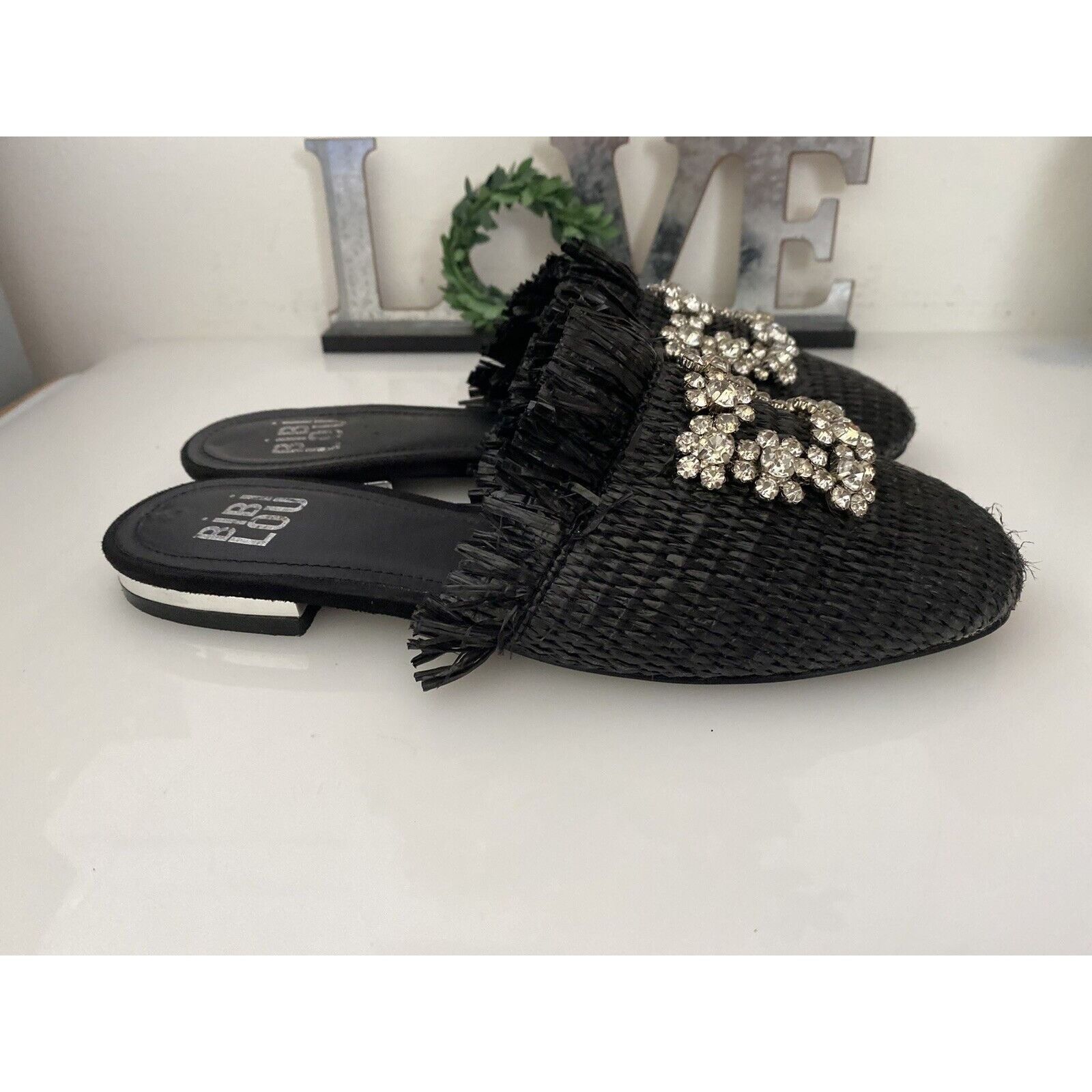 Vintage Bibi Lou Raffia Gem Jeweled Mule Slide Slip On Slipper Shoes Size US 6 / IT 36 - 22 Thumbnail