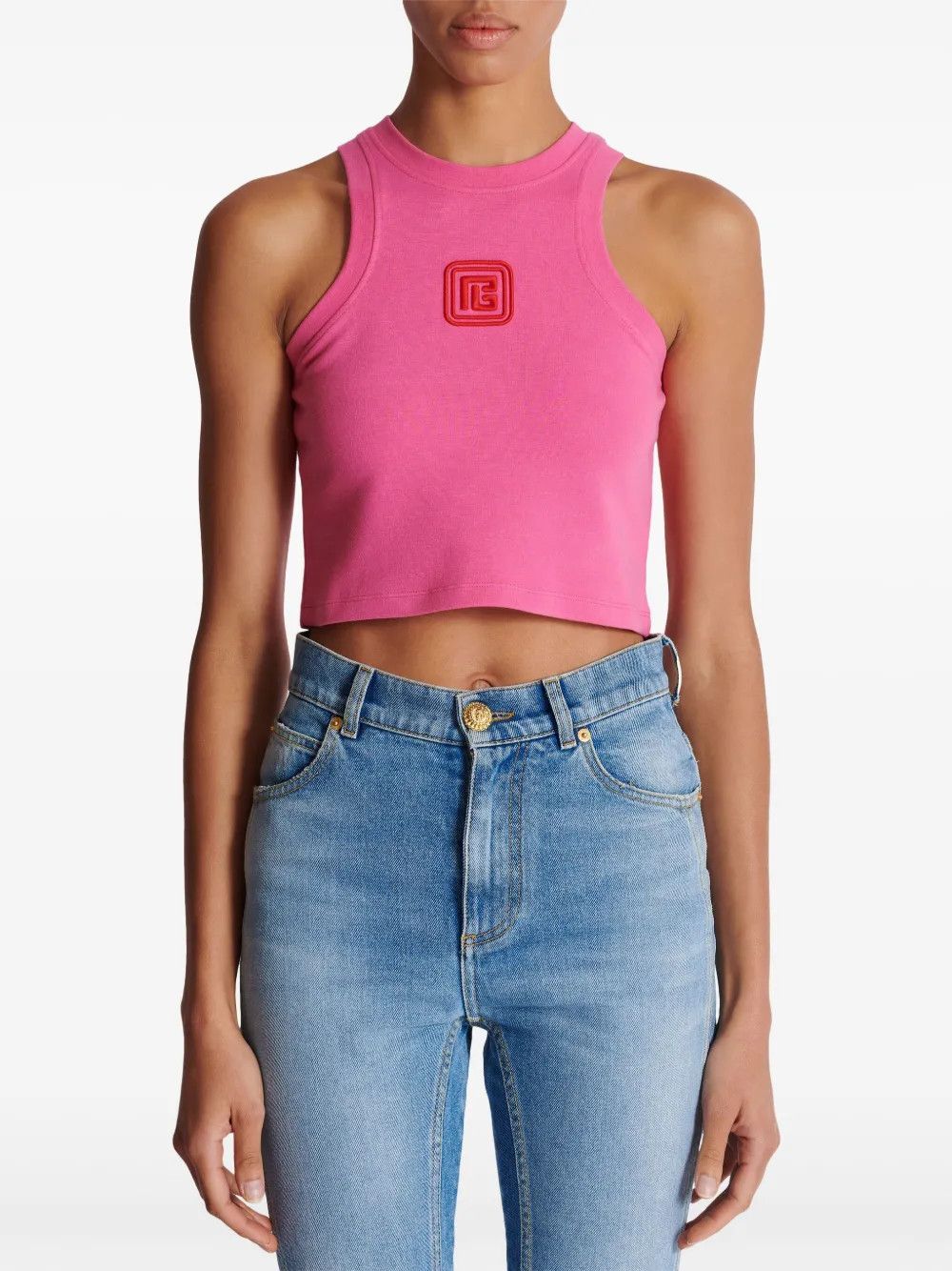 Balmain o1s1wg110725 Logo Embroidered Cropped Tank Top in Pink Size M / US 6-8 / IT 42-44 - 3 Thumbnail