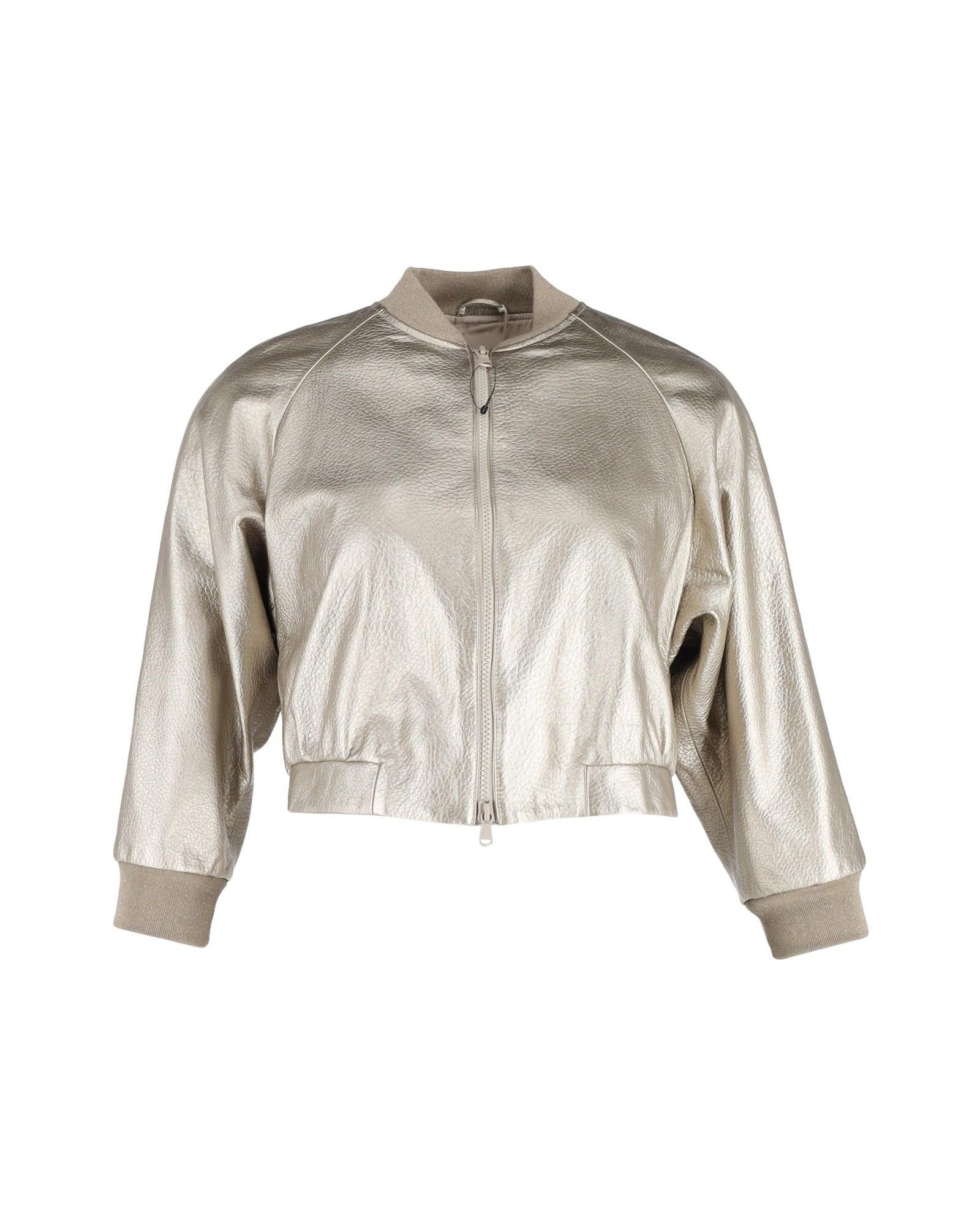 image of Brunello Cucinelli Luxury Cropped Gold Leather Bomber Jacket, Women's (Size Medium)