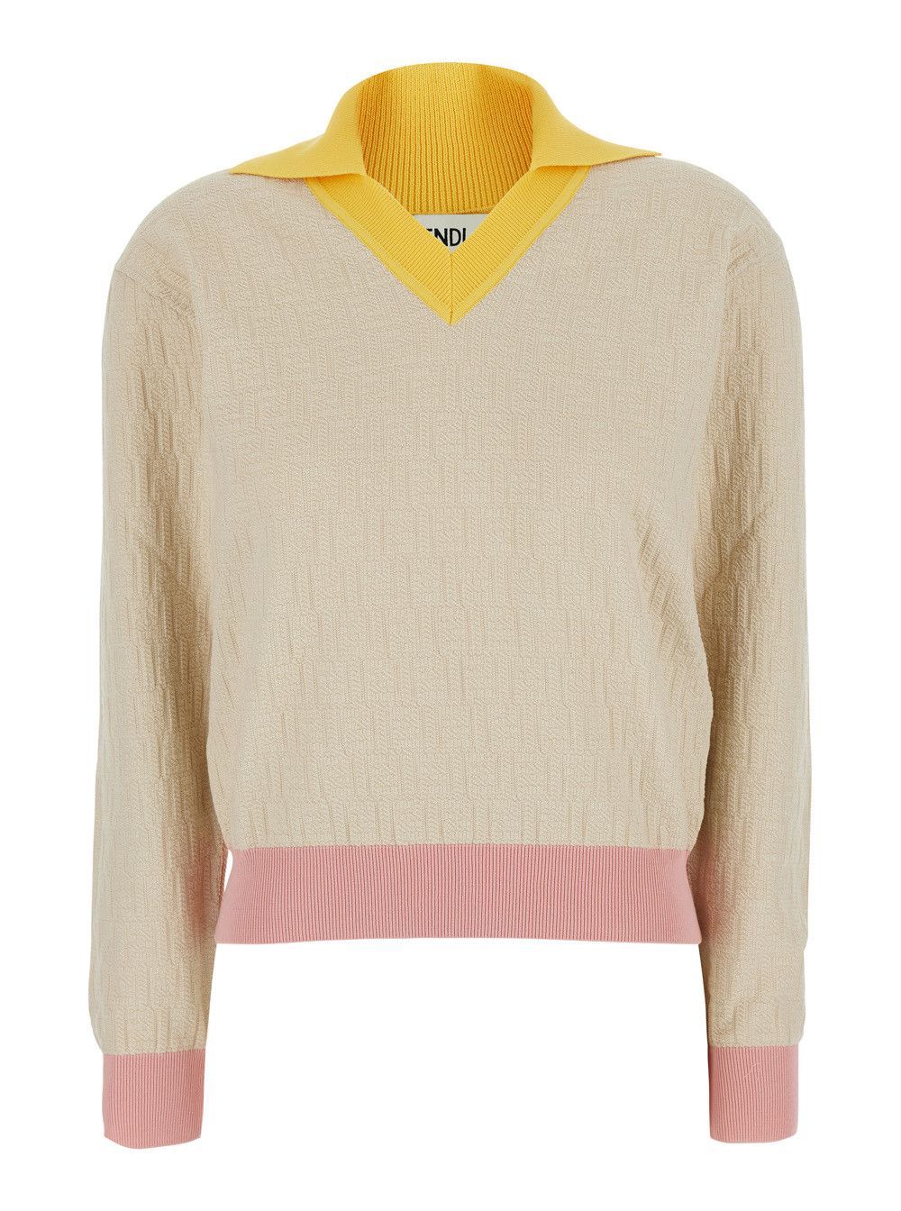 Fendi Beige Long-Sleeved Sweater with V-Neck and All-Over FF Motif in Cotton Women Size M / US 6-8 / IT 42-44 - 1 Thumbnail