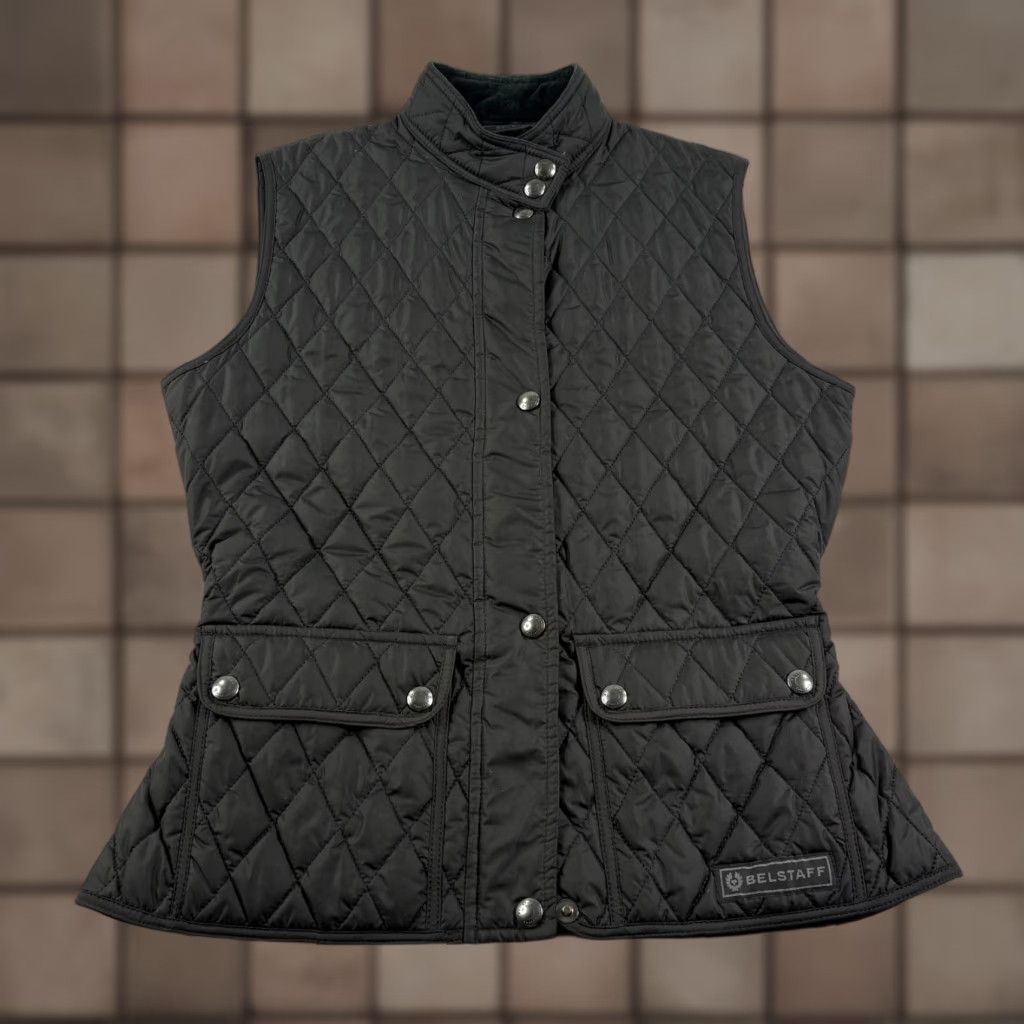 VINTAGE Belstaff Vest Womens Size 42 Large Black Quilted Snap Up Sleeveless Pockets