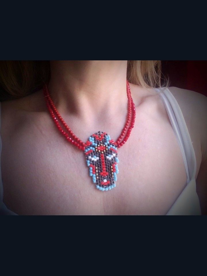 Handmade Necklace Red Ethnic Tribal Beaded Face Pendant Size ONE SIZE - 4 Thumbnail