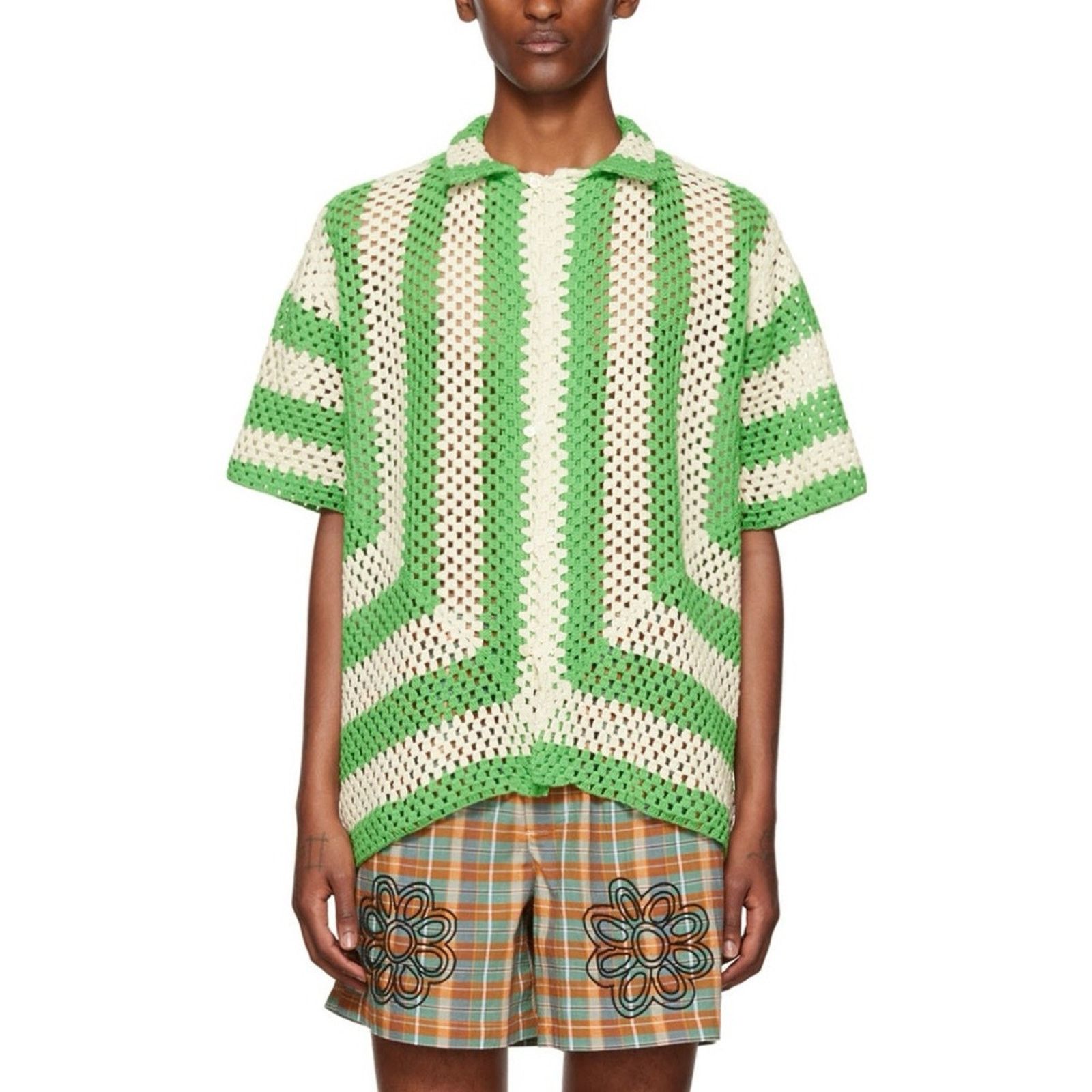 Bode Bode Crochet Shirt (Sz S/M) Flagship Striped Green Cream Size US M / EU 48-50 / 2 - 1 Thumbnail