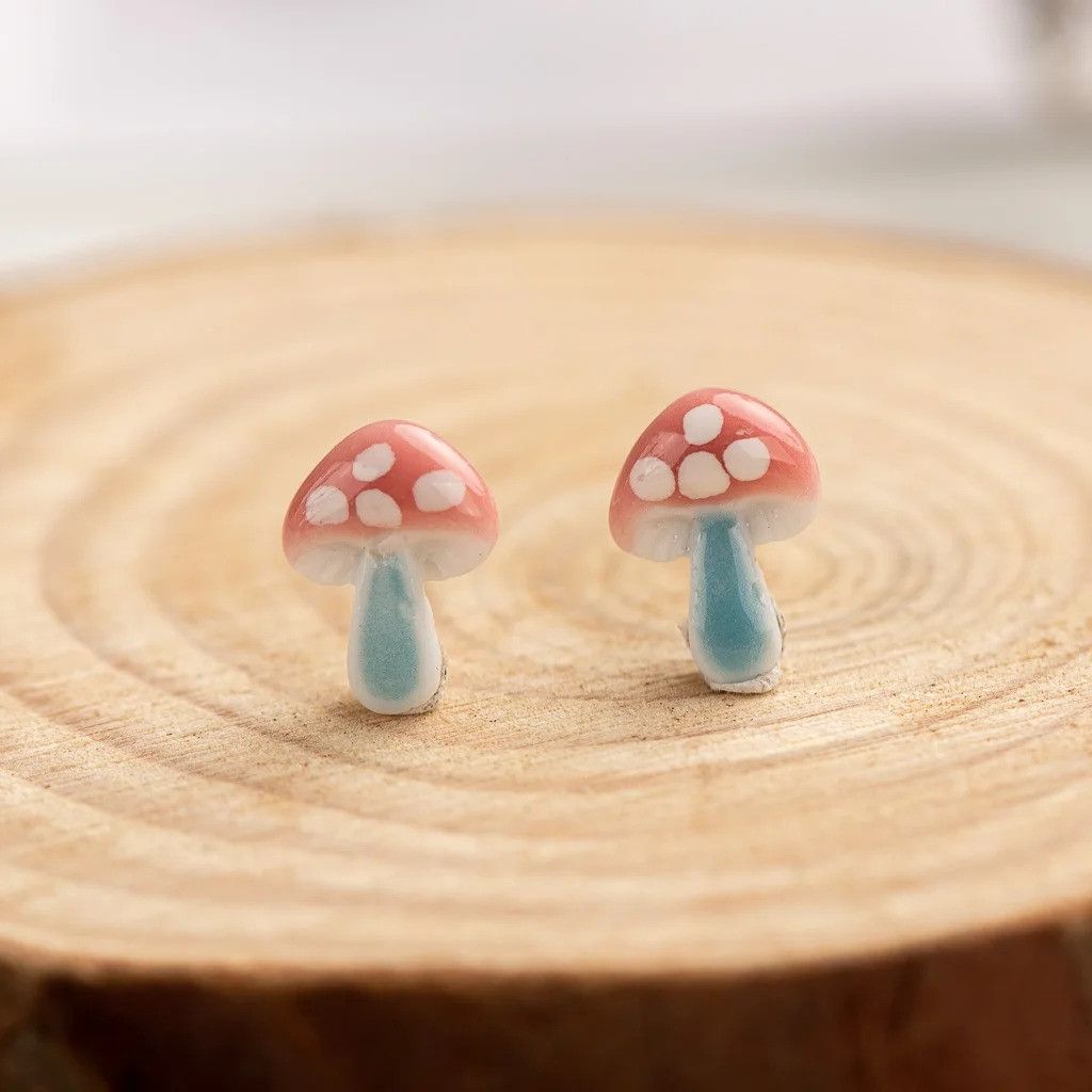 Jewelry Mushrooms Stud Earrings Ceramic Ear Gift For Her Size ONE SIZE - 1 Preview