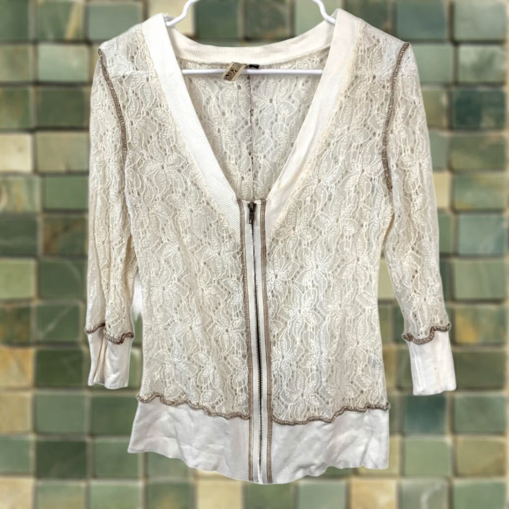 BKE BKE Lace Full Zip Cardigan Womens M 3/4 Sleeve Cream Vintage Boho Cottagecore Dressy Embellished Knit Full Zip Cardigan Size M / US 6-8 / IT 42-44 - 1 Thumbnail