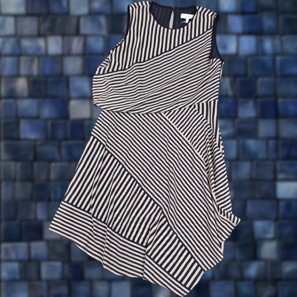 Reiss Reiss Dress Womens 10 Blue Sienna Striped Asymmetric Layered Sheath Knee Length Size L / US 10 / IT 46 - 1 Thumbnail