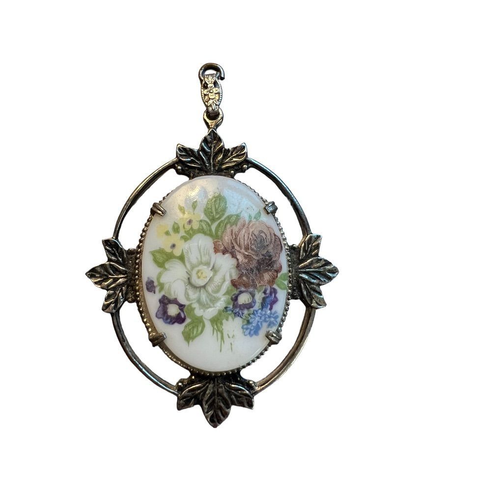 Other Vintage Silver Tone Pendant Art Deco Glass Cabochon Flowers Size ONE SIZE - 1 Thumbnail