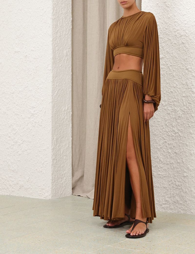 Zimmermann oc11z0226 Illuminate Gathered Maxi Skirt in Khaki Size 34" / US 12 / IT 48 - 3 Thumbnail