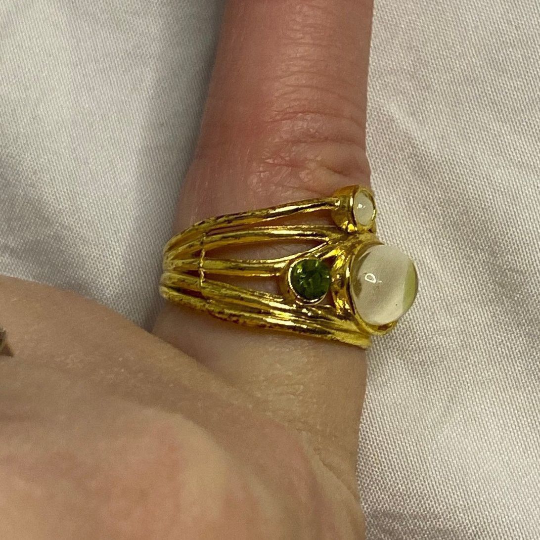 Other Boho Rainbow Moonstone & Peridot Gold Vermeil Ring 925 Size ONE SIZE - 4 Thumbnail