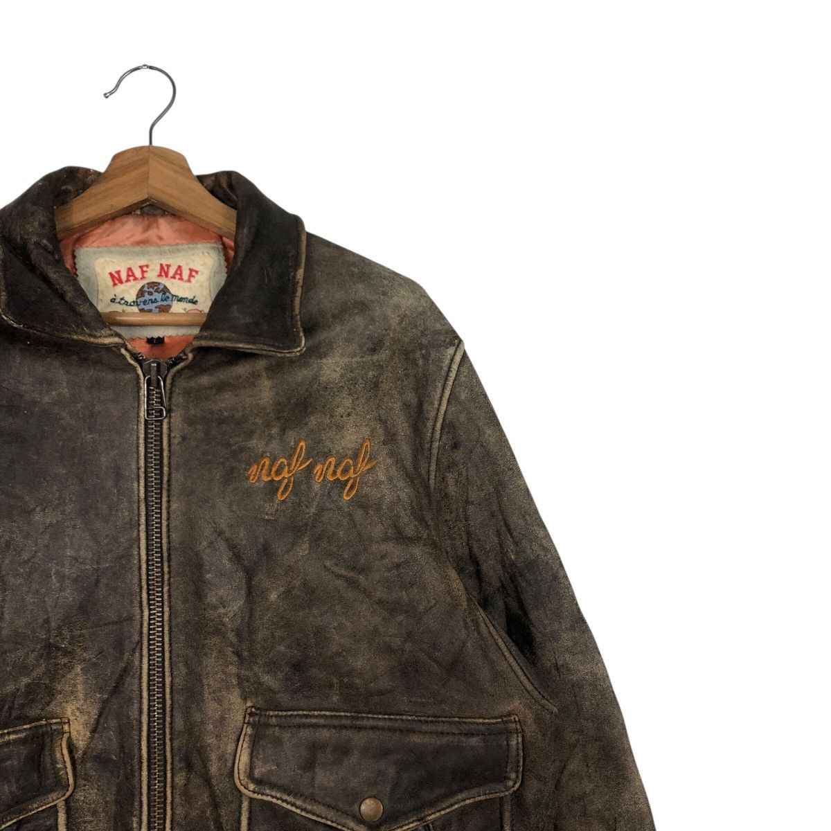 Japanese Brand 📌Vintage Flight Jumper Leather Jacket Naf Naf Big Logo Size US L / EU 52-54 / 3 - 8 Thumbnail