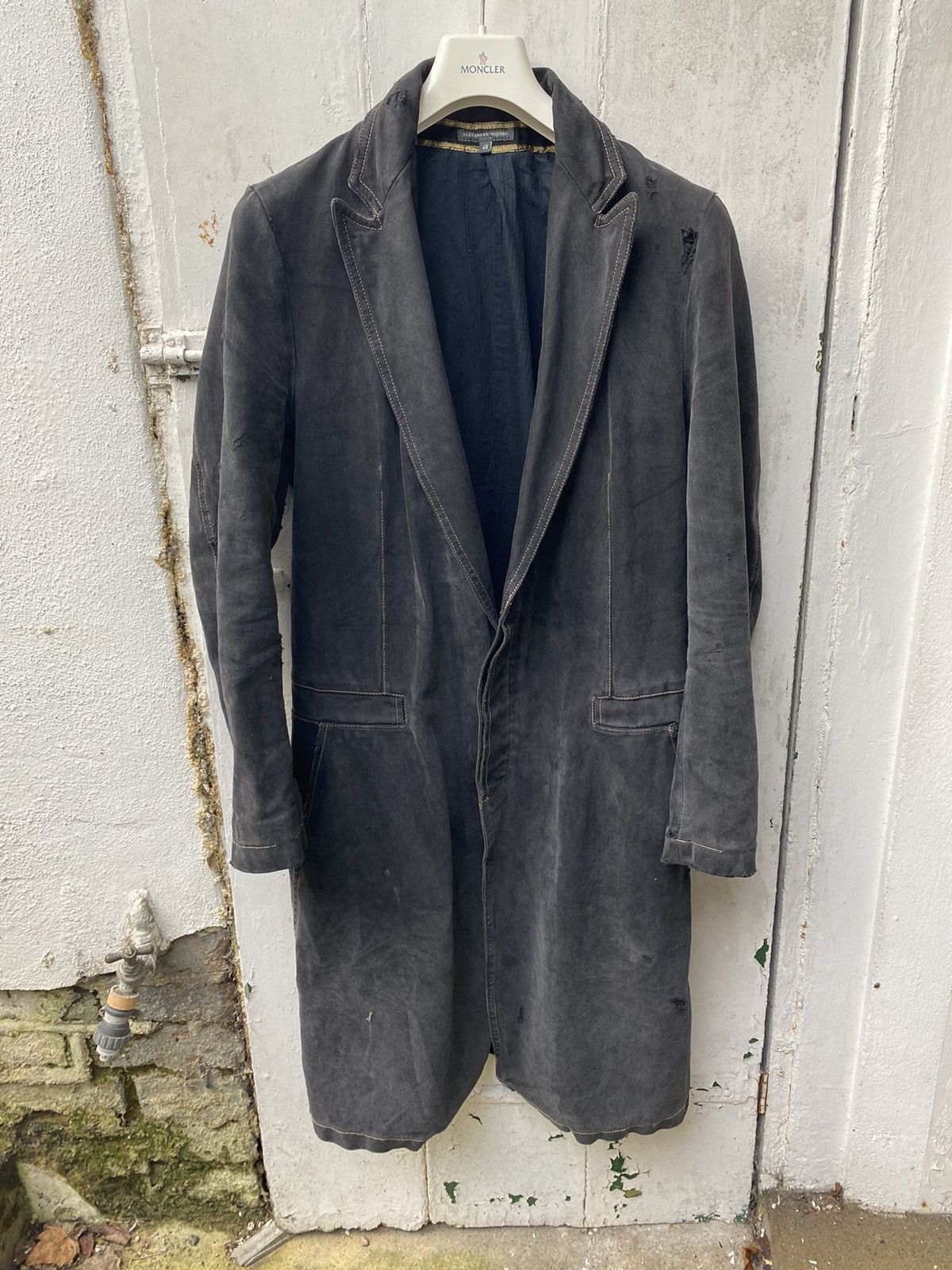 image of Alexander Mcqueen Aw04 Lee Era Distressed Denim Overcoat in Grey, Men's (Size Medium)