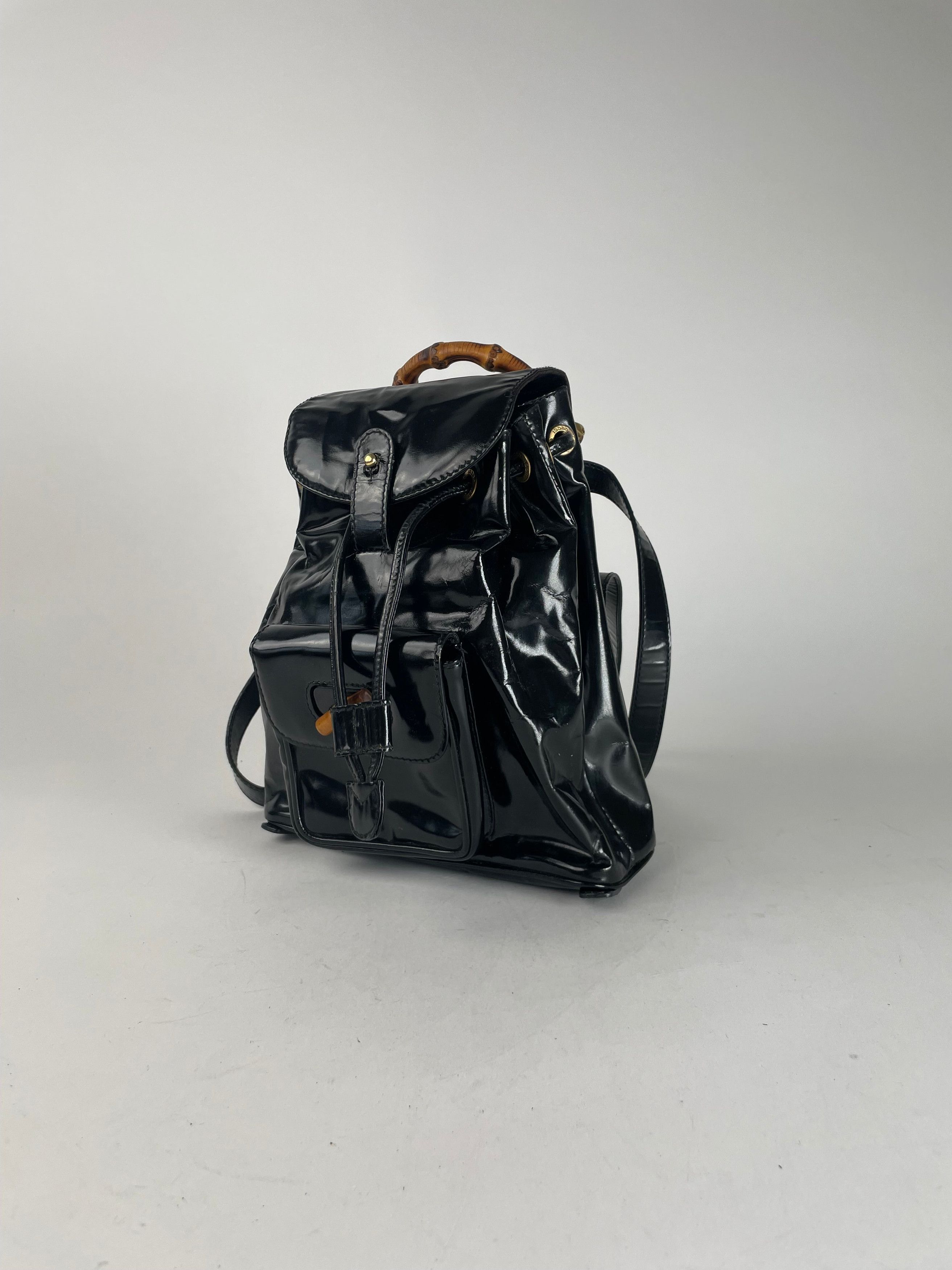 Gucci Vintage Bamboo Patent Leather Bagpack Black Size ONE SIZE - 1 Thumbnail