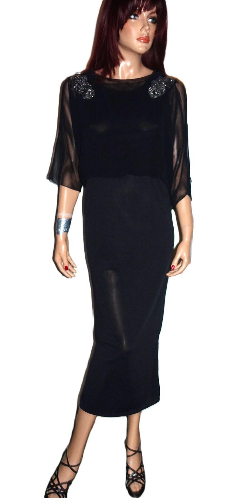 Vintage Vintage Black Sheer Applique Midi Dress L Size L / US 10 / IT 46 - 4 Thumbnail