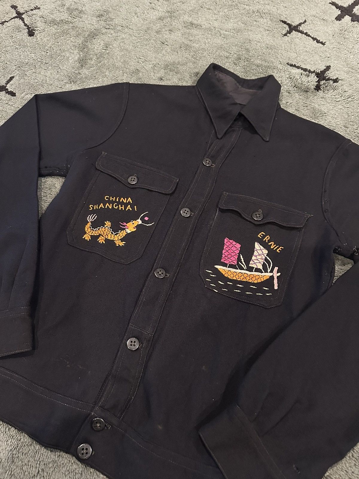 Bode × Vintage WWII Navy Wool Hand Embroidered Chinese Souvenir Jacket ...