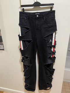 NWT* RARE BALENCIAGA FW21 SLASHED HYBRID JEANS/TRACK PANTS RUNWAY (BLUE/RED  XS)