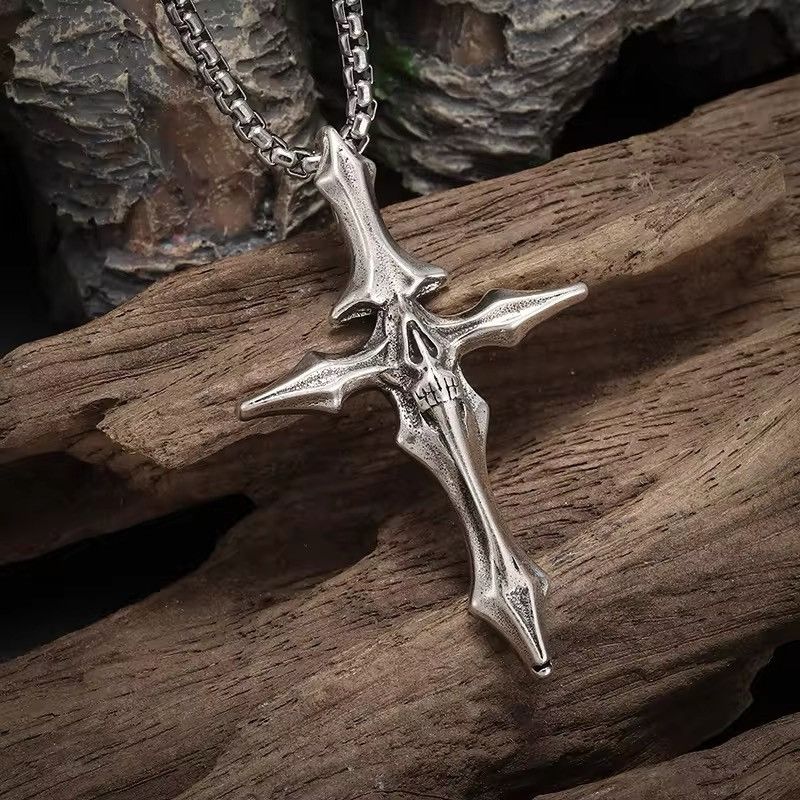 Jewelry × Vintage Retro Gothic Devil Skull Grimace Cross Pendant Necklace Size ONE SIZE - 2 Thumbnail