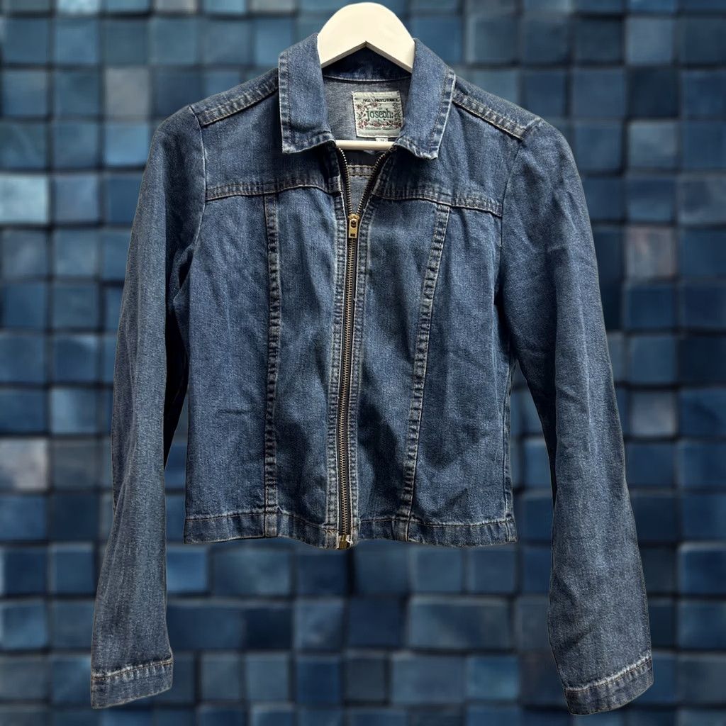 Joseph VINTAGE For Joseph Denim Jacket Womens Zipper Blue 1990s Size S USA Glam Rock Jacket Size 28" / US 6 / IT 42 - 1 Thumbnail