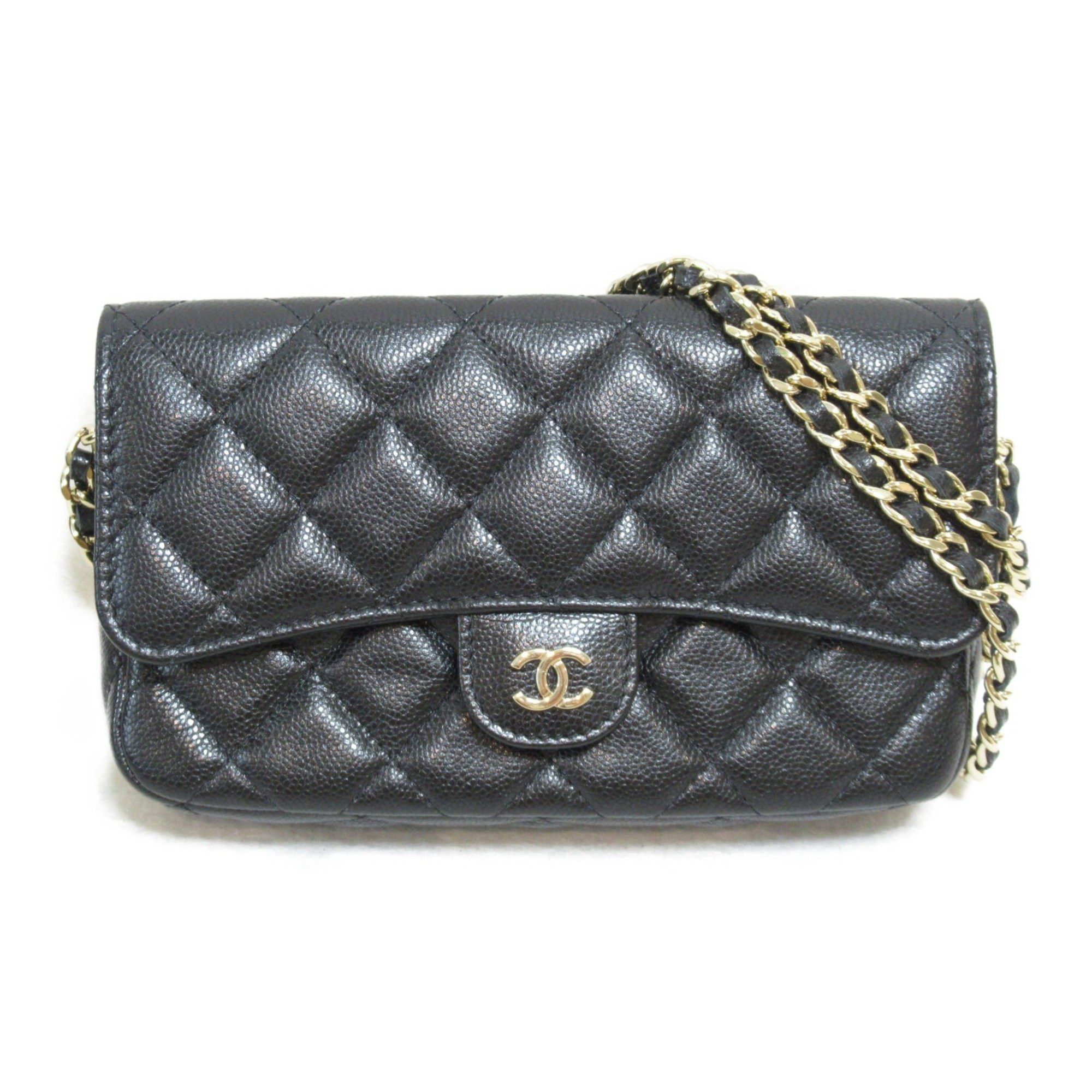 image of Chanel Matelasse Chain Phone Case Wallet Black Caviar Skin (Grained Calf) Ap2096, Women's
