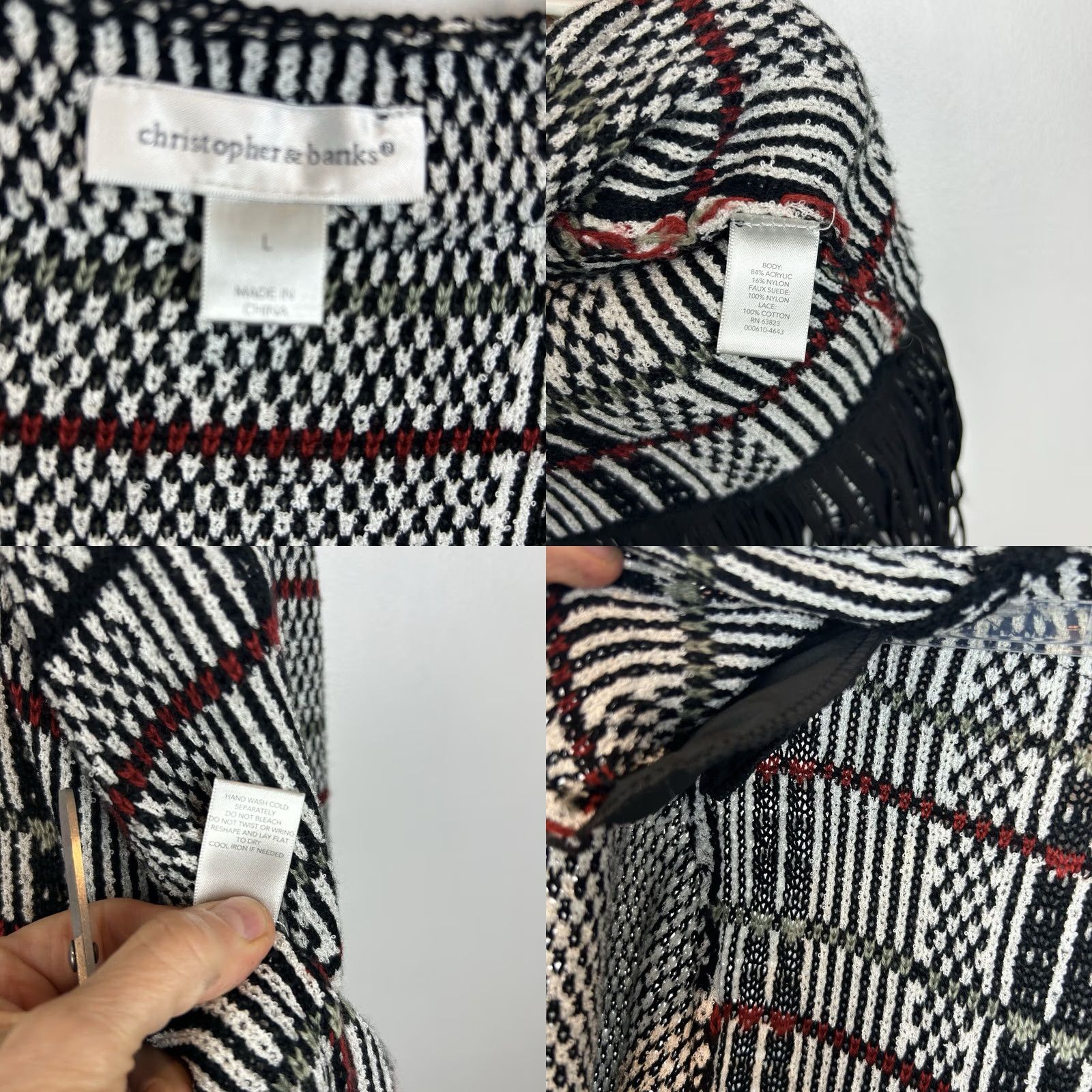 Vintage Christopher & Banks Knit Cardigan Open Fringe Black Suede Look Bohemian Women L Size Knit Open Fringe Boho 21" 26" Size L / US 10 / IT 46 - 8 Thumbnail