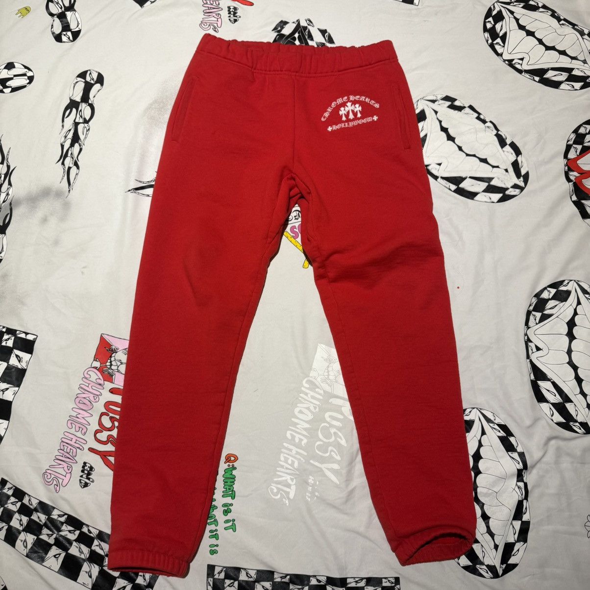 Chrome Hearts King Taco Red & White Triple Cross Embroidered Sweatpants L Size US 34 / EU 50 - 1 Thumbnail