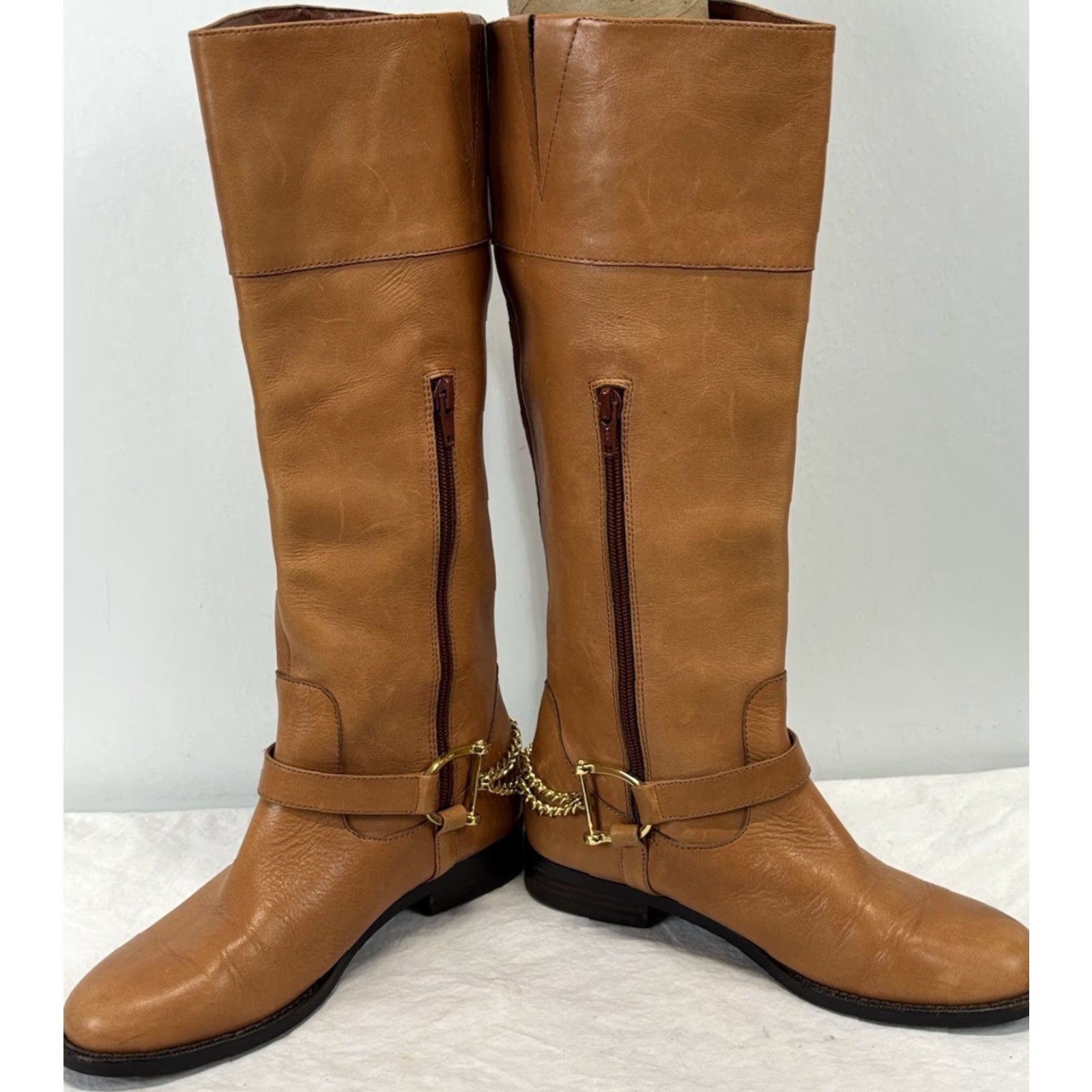 Ralph Lauren Lauren Ralph Lauren Jacques Chain Riding Boots Women’s 6 B Cognac Leather Riding Boot Women Brown Leather Chains Zip Almond Toe Mature 6 B Women Size US 6 / IT 36 - 2 Thumbnail