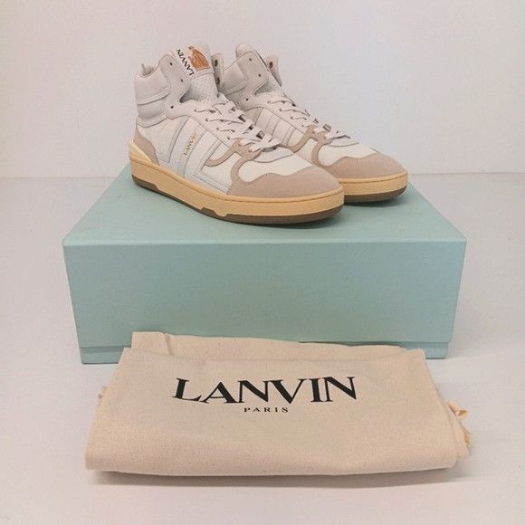 Lanvin Curb Clay White Tennis Leather Mesh Hi Top Sneakers