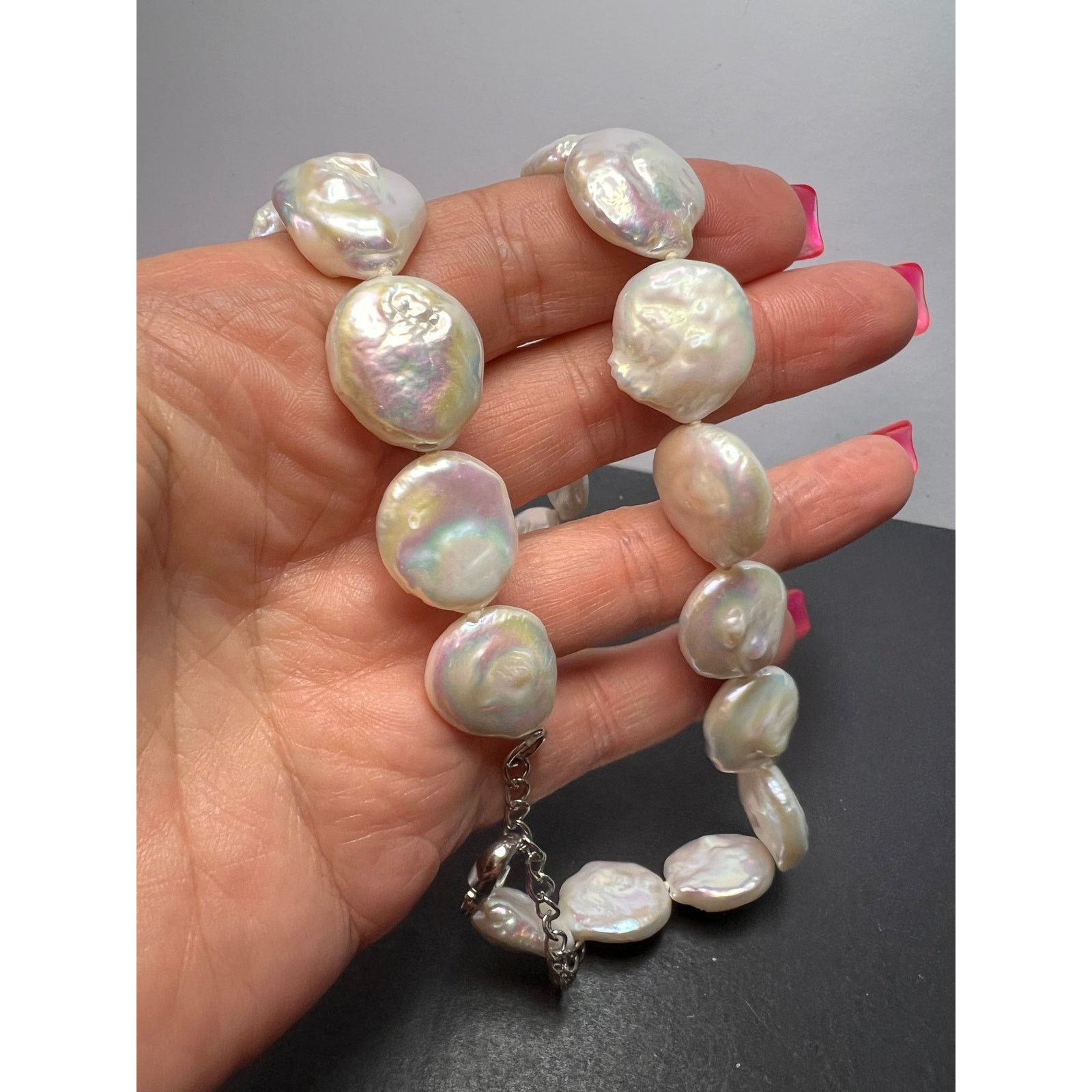Cultured coin pearl necklace with sterling silver clasp