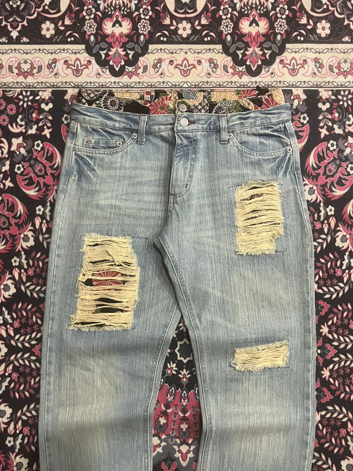 Japanese Brand Vintage Jouer Aux Echecs Double Waist Floral Distressed Jean Size US 30 / EU 46 - 3 Thumbnail