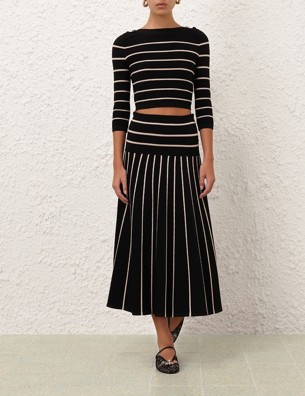 Zimmermann oc11z1025 Crush Stripe Midi Skirt in White/Black Size 26" / US 2 / IT 38 - 2 Thumbnail