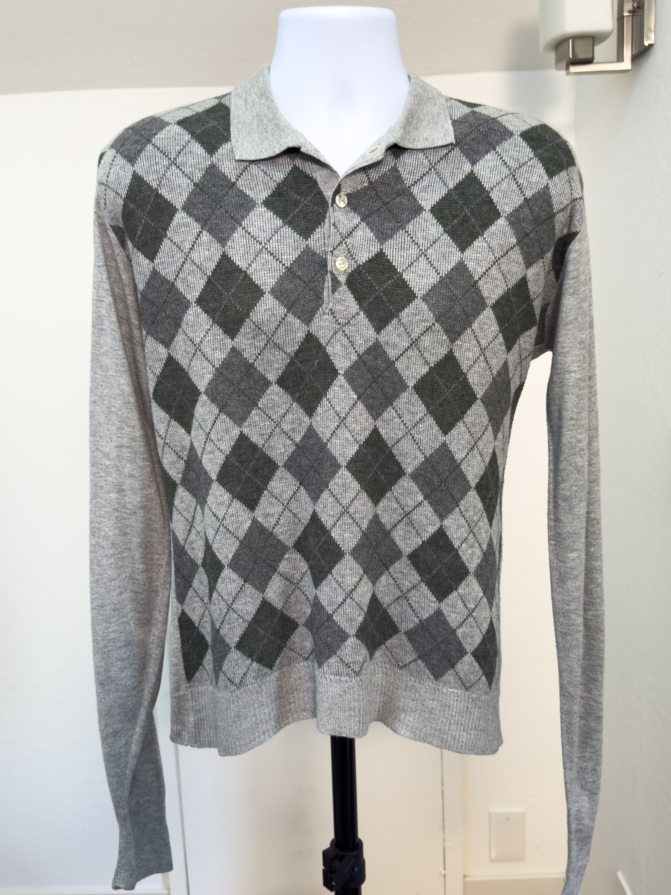 Other Vintage Argyle Knit Polo Sweater Gray Green Button Collar Size US M / EU 48-50 / 2 - 1 Thumbnail
