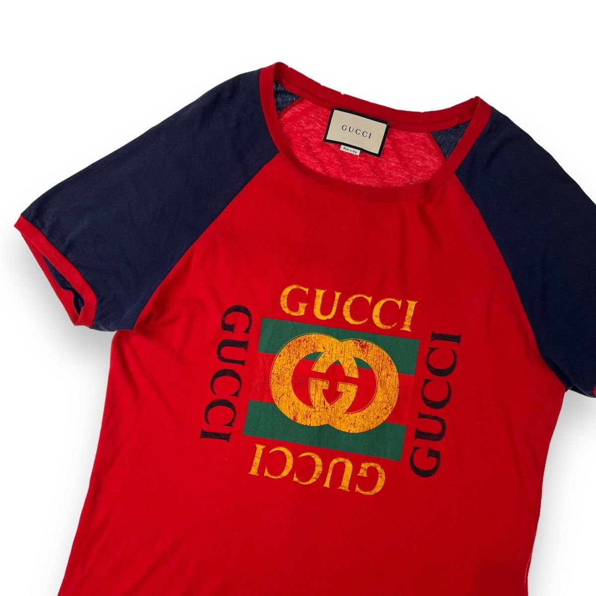 image of Gucci Printed Logo Red & Navy T Shirt, Men's (Size Small)