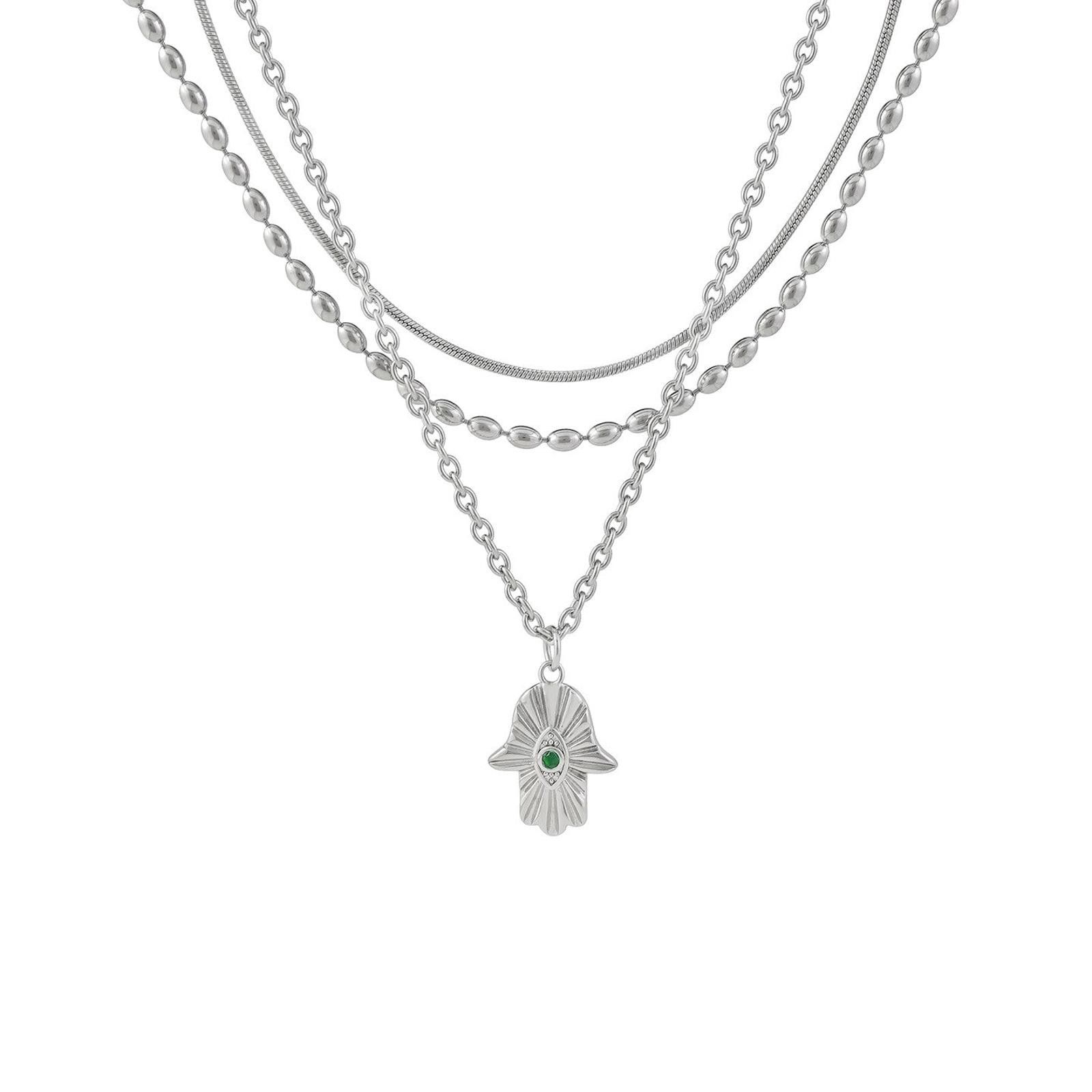 Vintage Fatima Hand Necklace – Layered Silver Chain, Unisex Size ONE SIZE - 6 Thumbnail