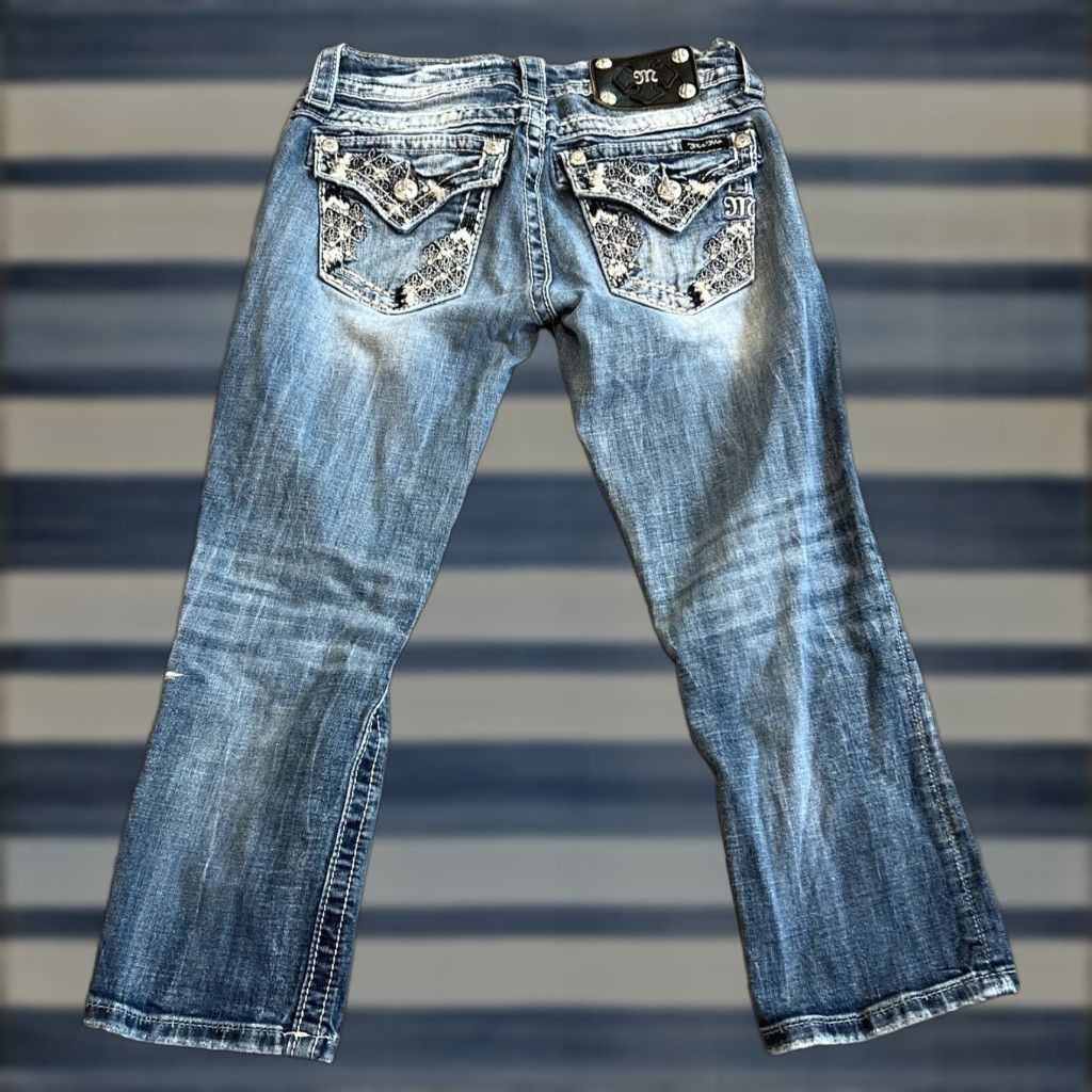 Miss Me Miss Me Cuffed Capri Jeans 25 Blue Denim Mid Rise Rhinestone Embellished Women Size 42" / US 20 - 1 Thumbnail