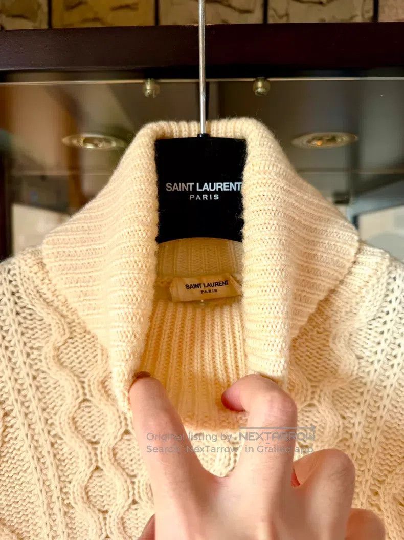 Saint Laurent Paris Saint Laurent Paris Beige Wool High-neck Cable Knit Sweate Size US M / EU 48-50 / 2 - 3 Thumbnail