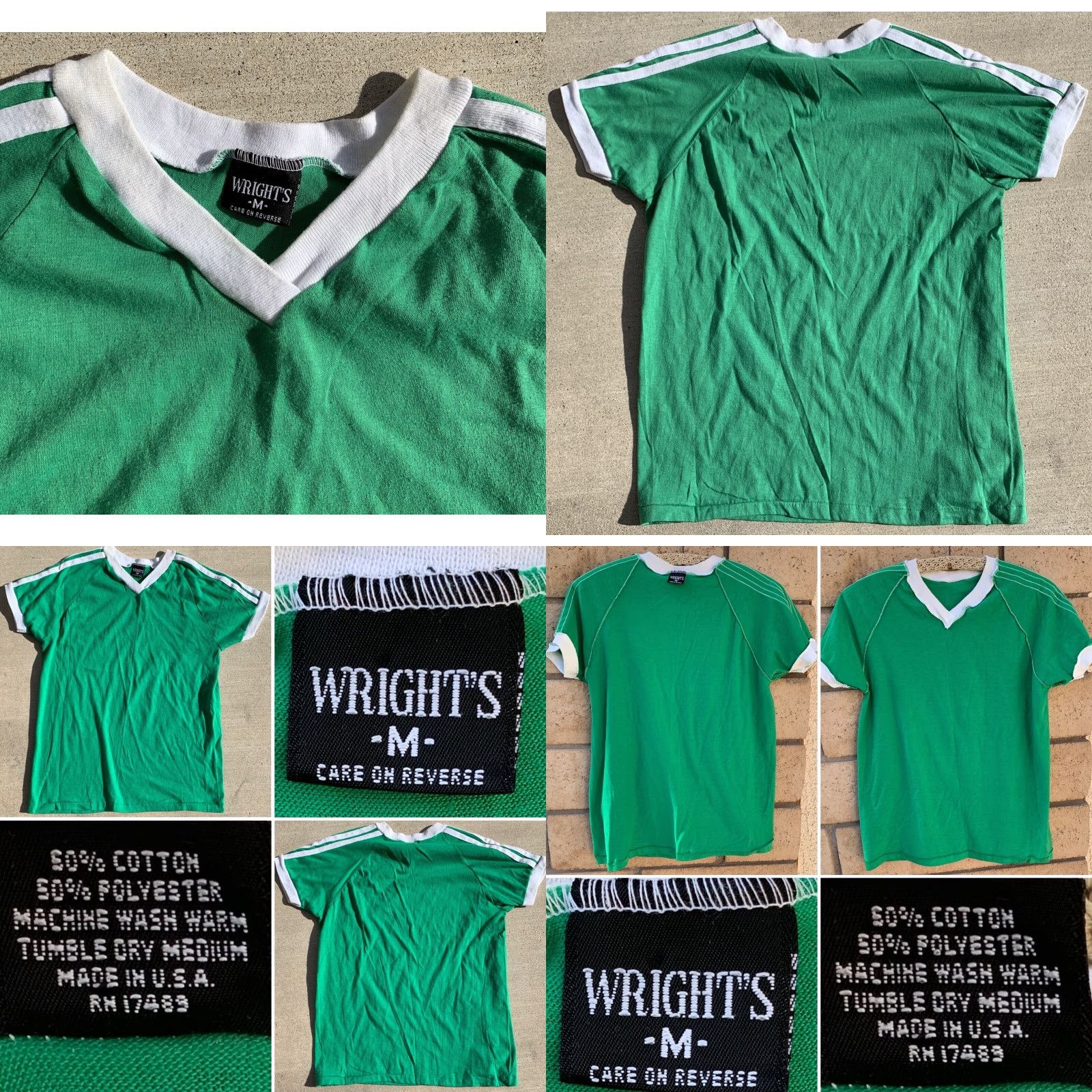 Vintage VINTAGE Wrights T Shirt Short Sleeve V Neck Ringer Tee Made In USA Size M Green Casual Mens Vintage 50% cotton 50% polyester) Size US M / EU 48-50 / 2 - 9 Thumbnail