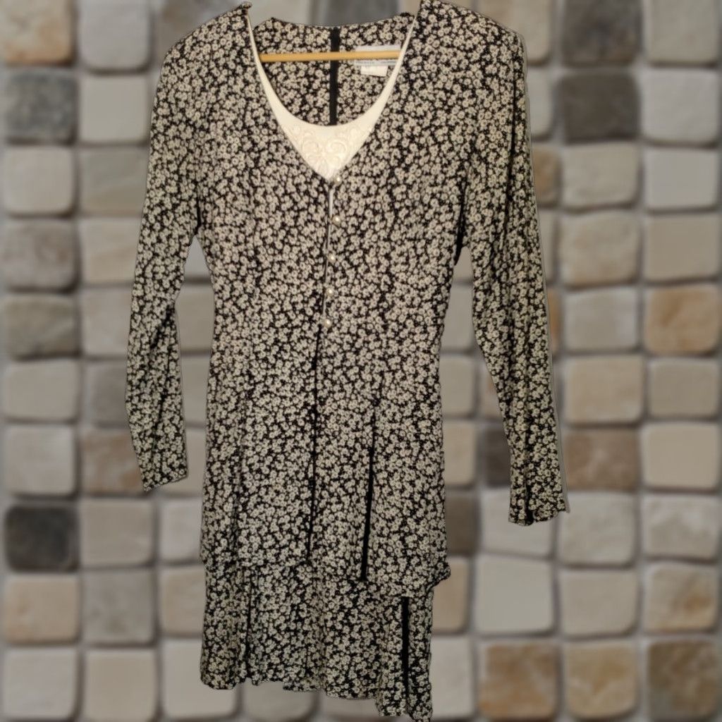 Vintage VINTAGE Just Choon Dress Shirt Adult 9 Black White 90s Tiered Midi Long Sleeve Back Zipper Belted/Gathered Womens Size M / US 6-8 / IT 42-44 - 1 Thumbnail