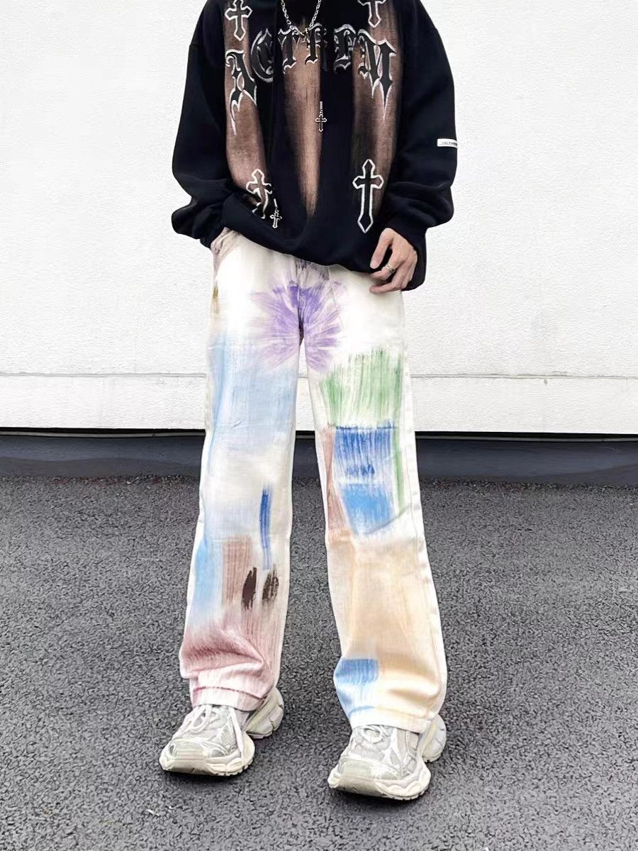 Japanese Brand × Jean High street graffiti wide leg design draped jeans Size US 31 - 1 Thumbnail