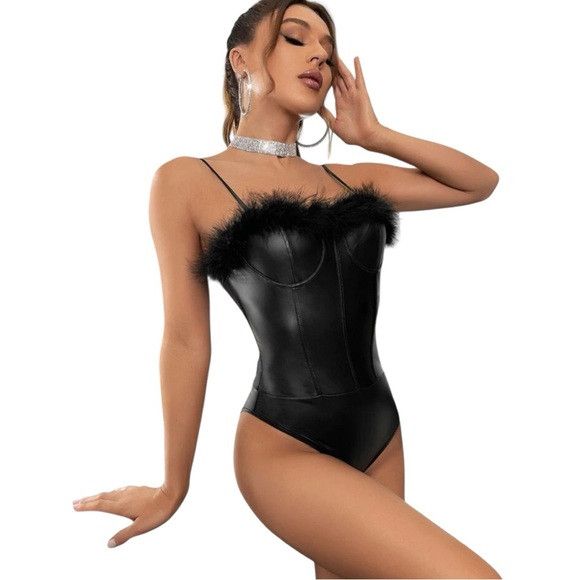 Other Women Black Fuzzy Trim Bustier Cami Bodysuit Size M / US 6-8 / IT 42-44 - 5 Thumbnail