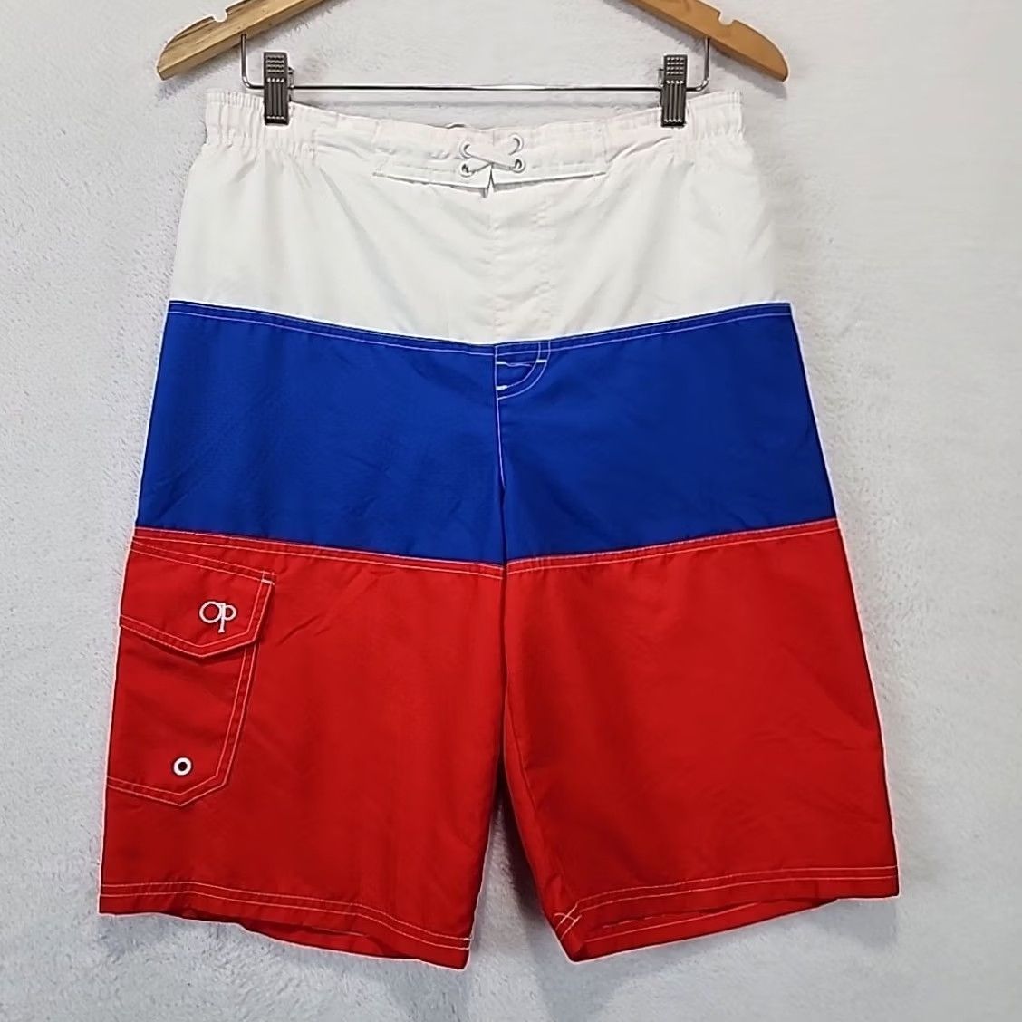 Vintage VINTAGE Ocean Pacific Striped Swim Trunks Board Shorts 2XL Men Red White Blue Lined Pockets 90s 2000s OP Surfing Beach Size US 39 - 3 Thumbnail