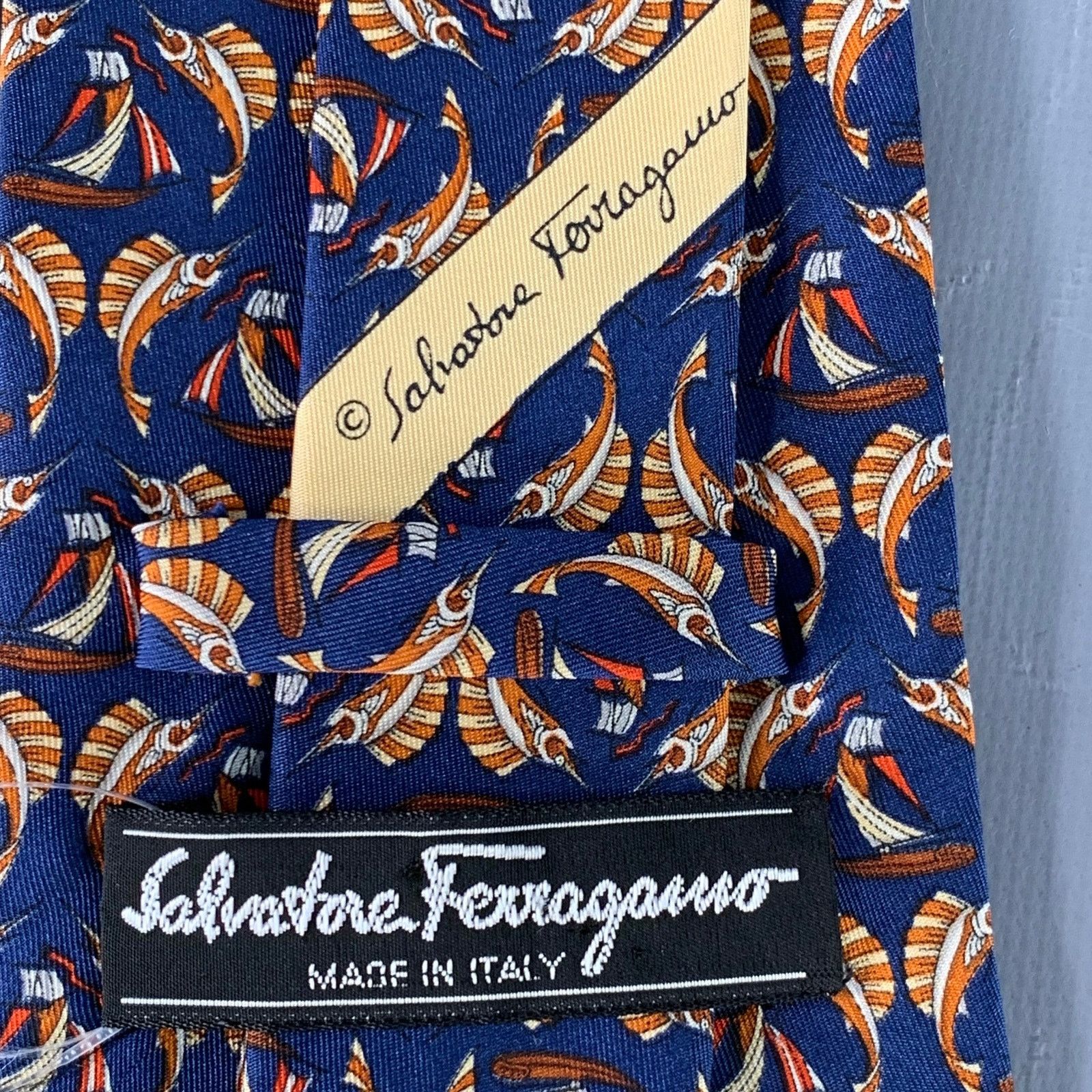 Salvatore Ferragamo SALVATORE FERRAGAMO Navy Orange Swordfish Nautical Silk Tie Size ONE SIZE - 4 Thumbnail