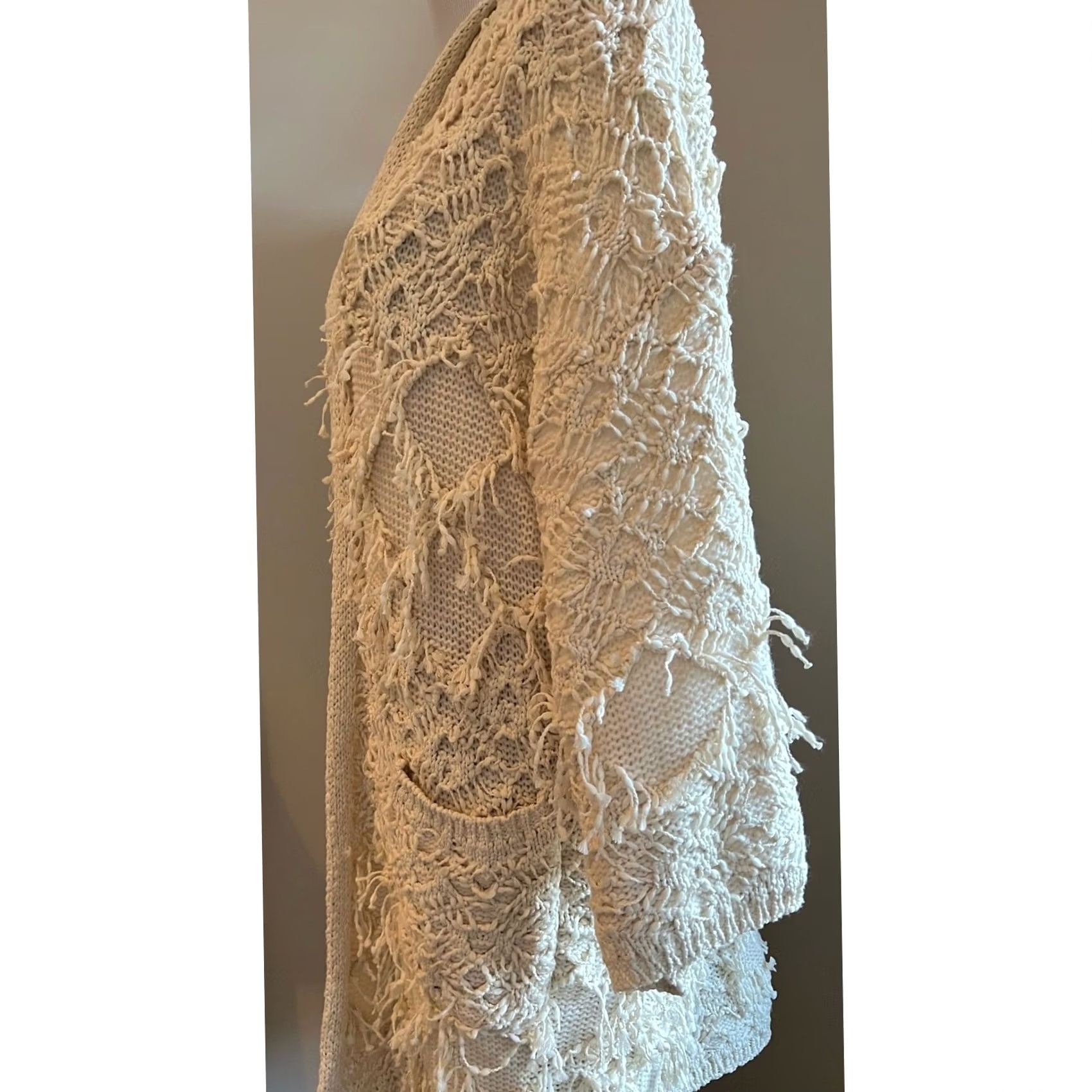 Anthropologie Anthropologie Akemi Kin IONE Cardigan Kimono Fringe Cream Ivory One Size Bohemian Open Pockets Sweater Womens Size ONE SIZE - 7 Thumbnail