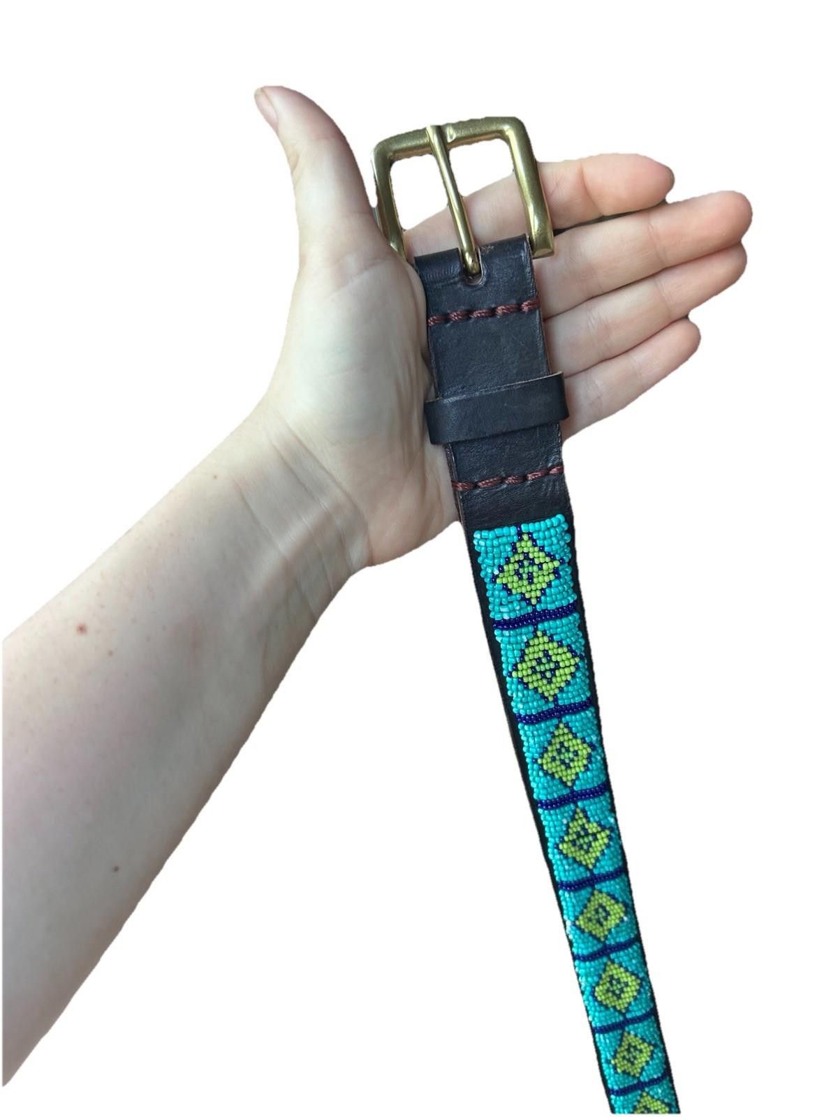 Handmade Handmade Beaded Leather Belt Brass buckle Brown Green beads Size ONE SIZE - 1 Thumbnail