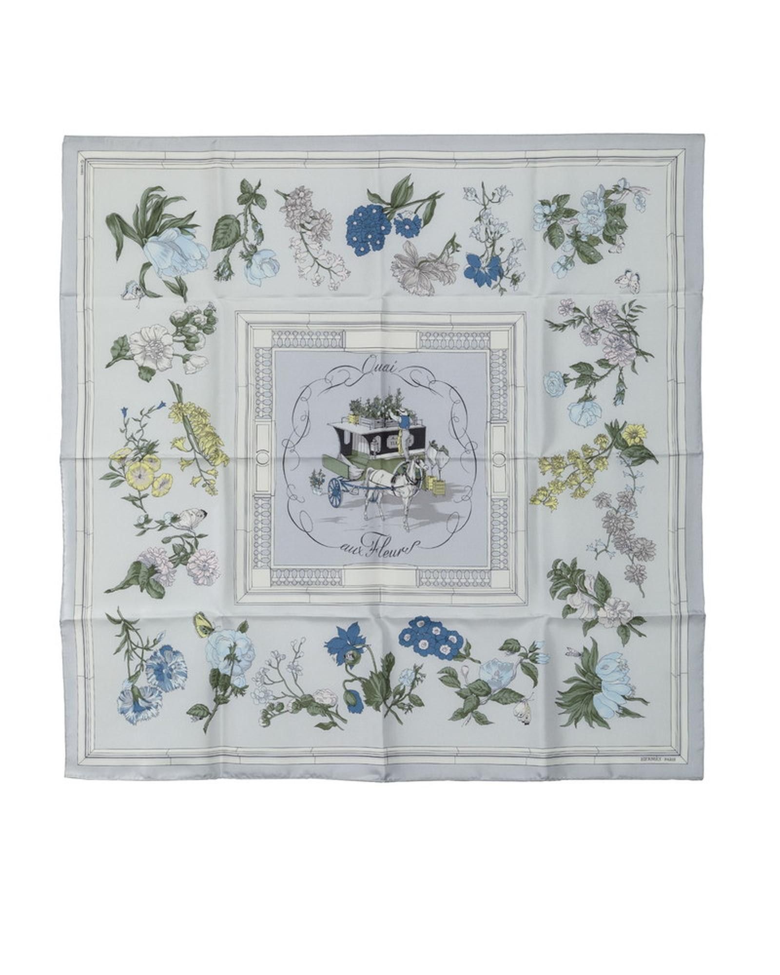 image of Hermes Silk Floral Scarf - Excellent Condition in White, Women's