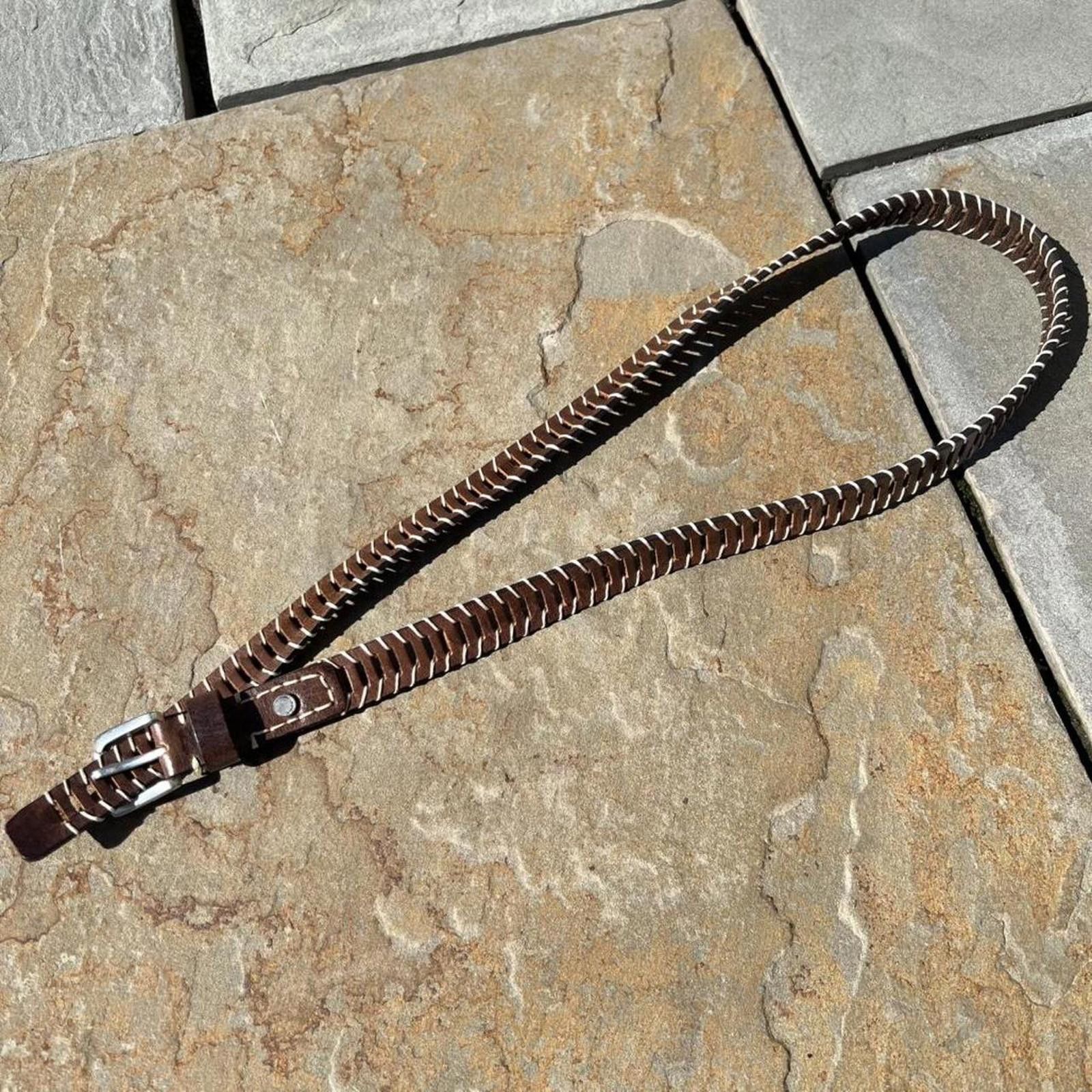 Calvin Klein Y2K Brown Leather Woven Stitch Design Western Patina Belt Size ONE SIZE - 1 Thumbnail