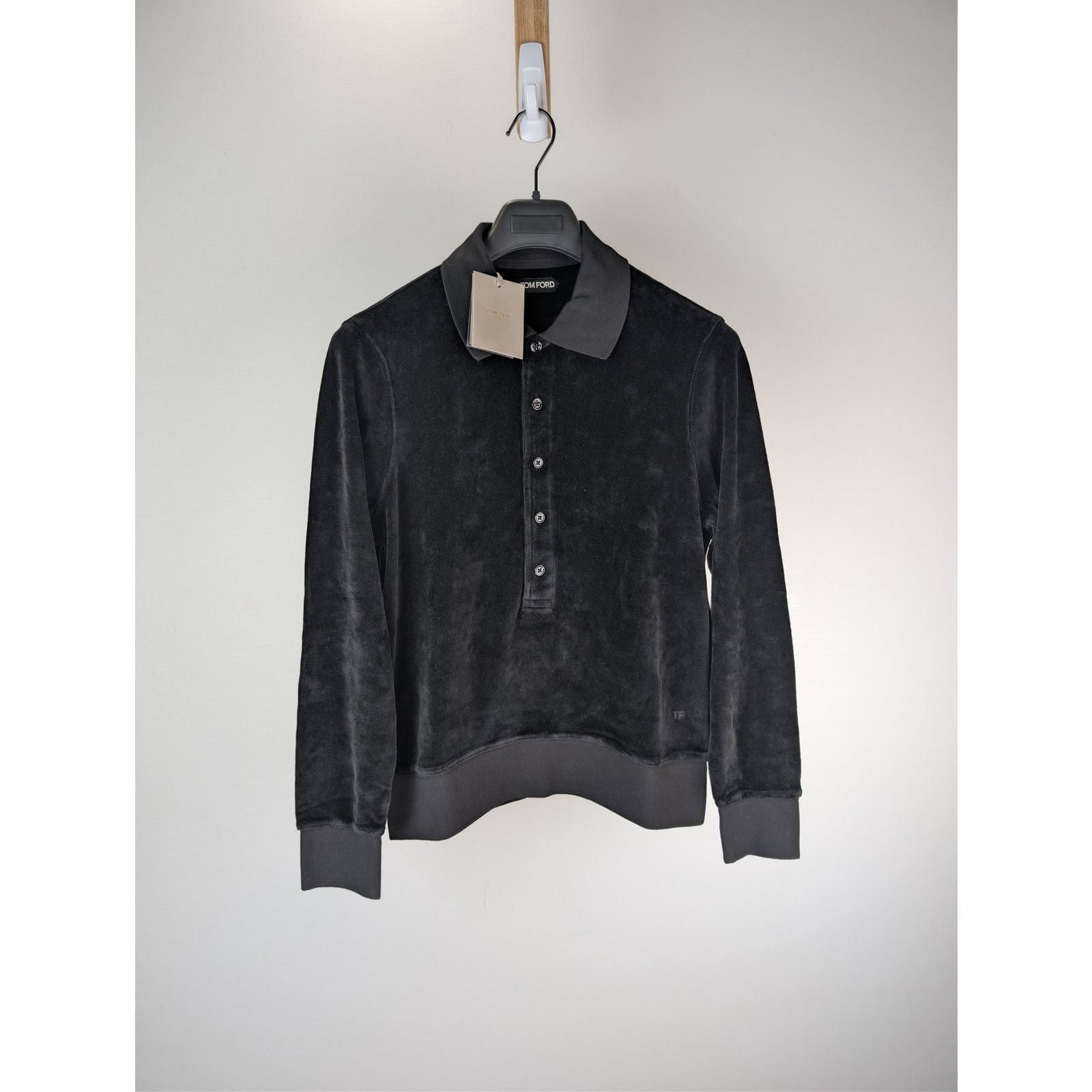 Tom Ford o1rshd1 Long Sleeve Velvet Polo Shirt in Black Size US M / EU 48-50 / 2 - 1 Thumbnail