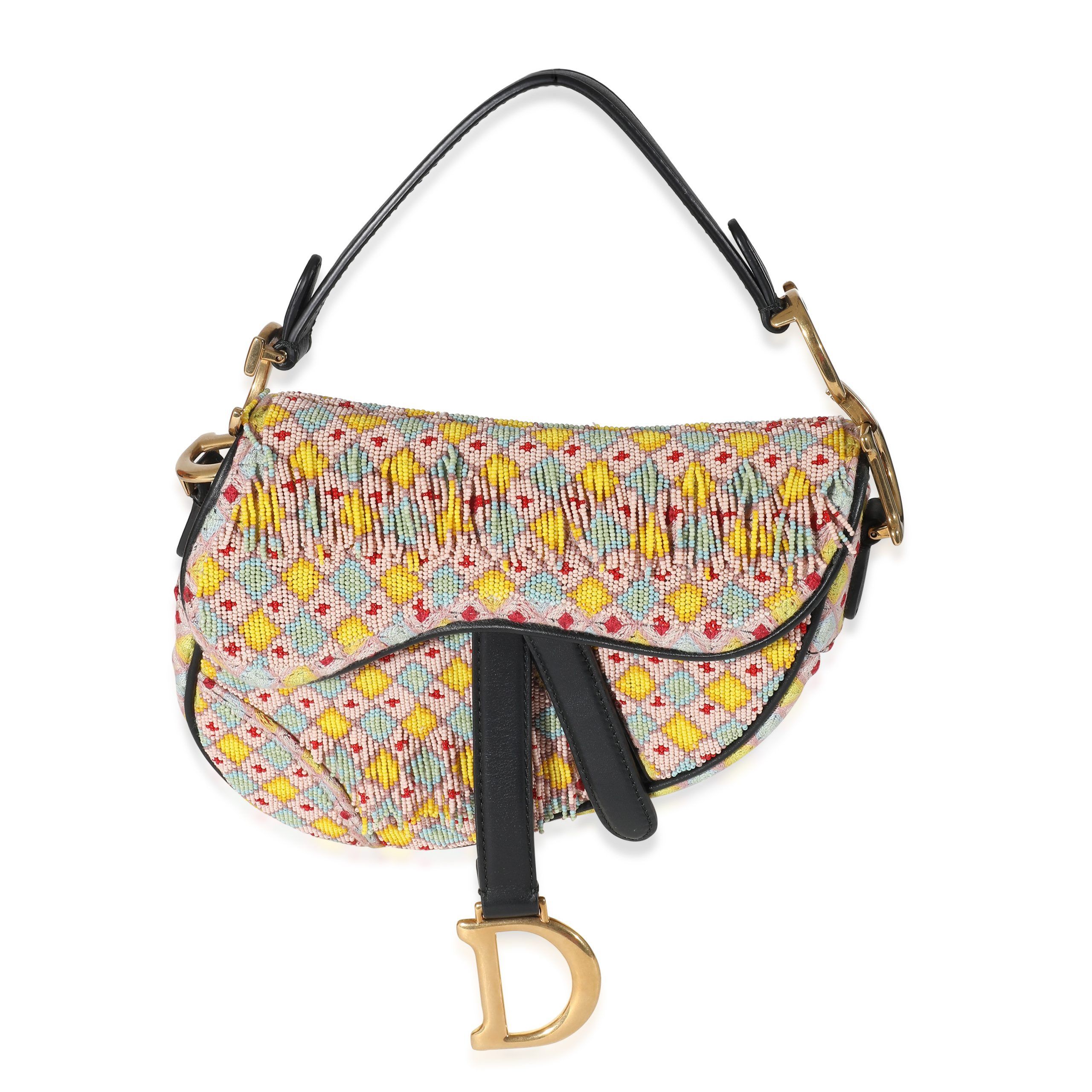 image of Dior Multicolor Beaded Tassel Micro Saddle Bag in Grey, Women's