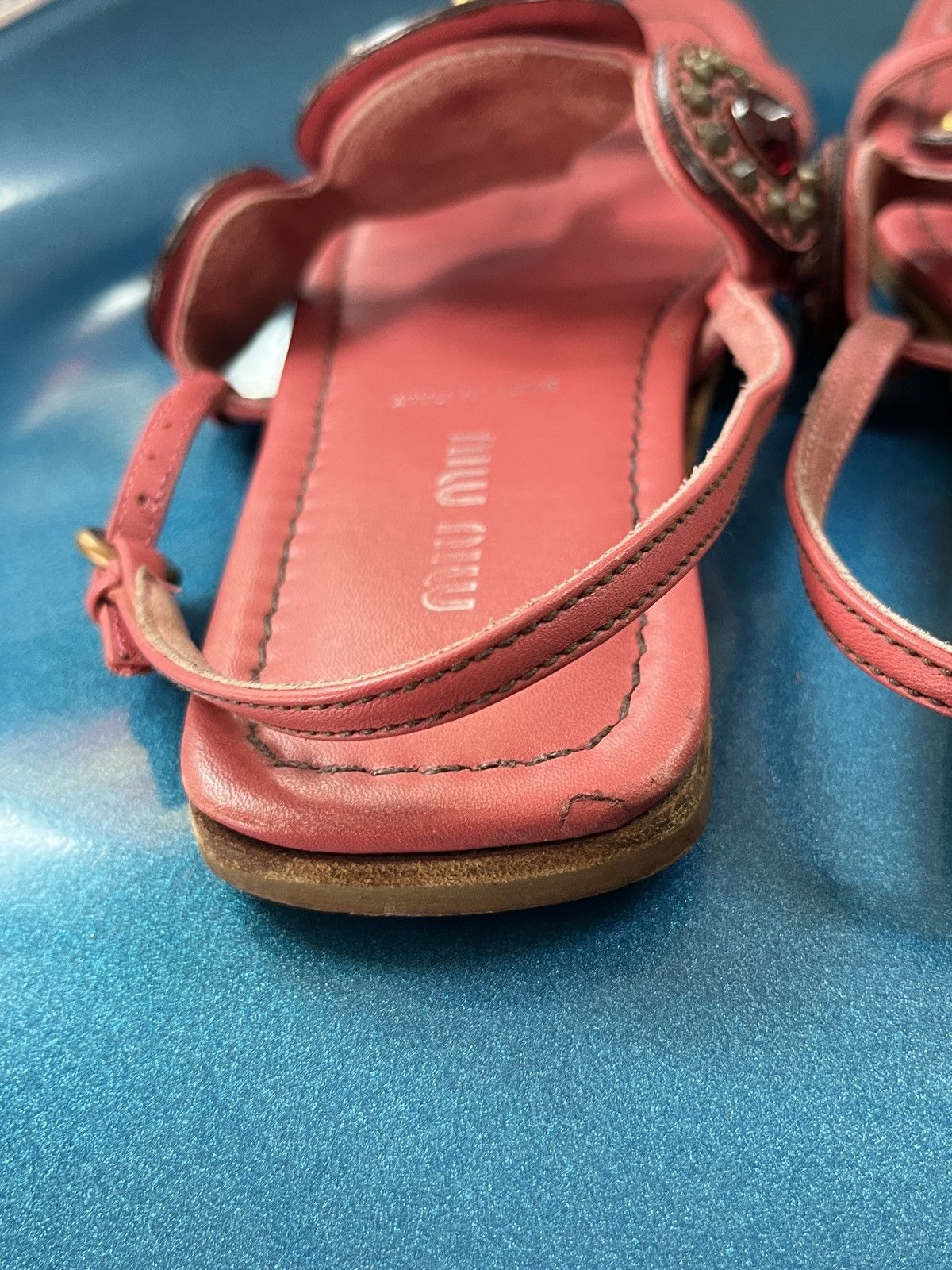 Prada Miu Miu Rare T-Strap Gemstud Leather Sandals Size US 5 / IT 35 - 11 Thumbnail