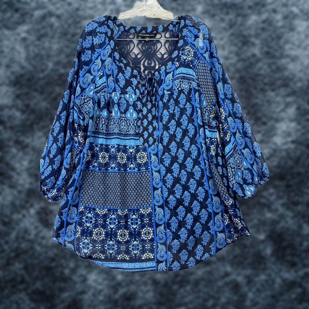 Vintage Zac & Rachel Top Womens 1X Blue Floral Lace Embroidered Tie Neck Lightweight Shirt Adult Plus 1X Blue Embroidered Floral V-Neck 3/4 Sleeve Size XL / US 12-14 / IT 48-50 - 1 Thumbnail