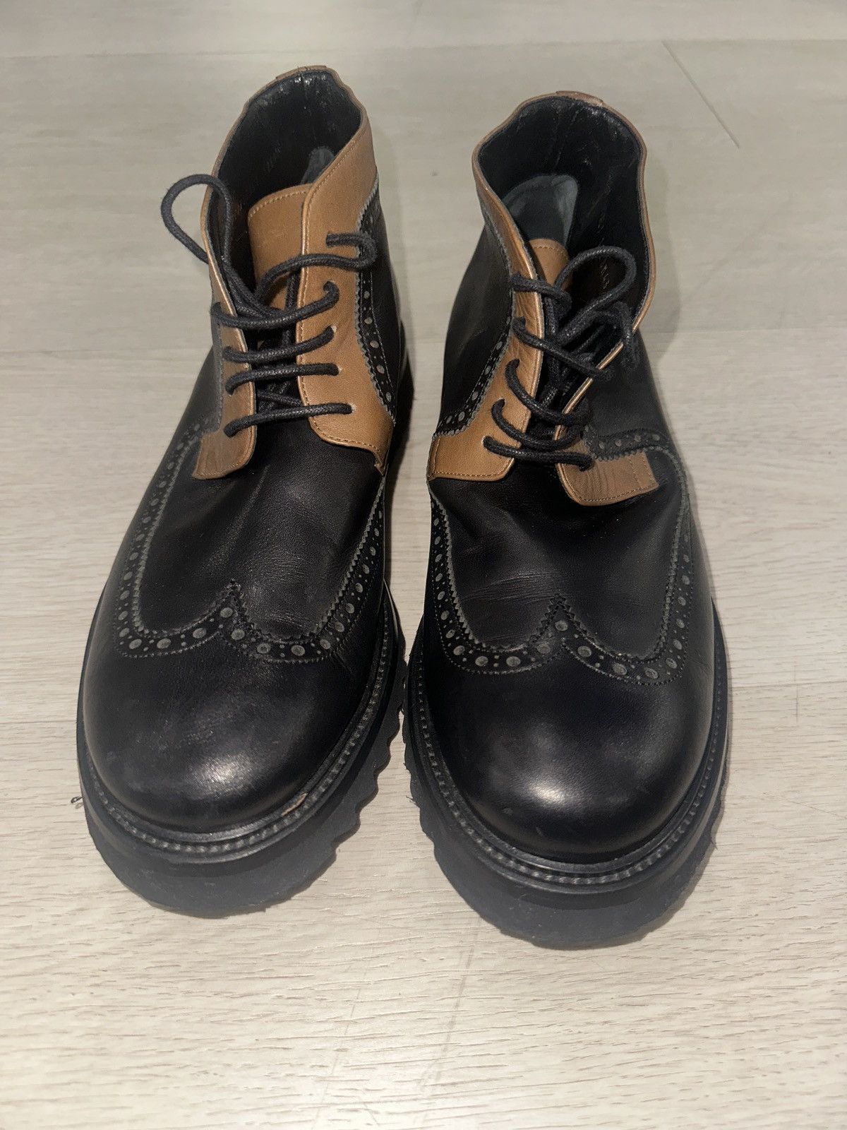 Christian Dior Men's Black and Tan Leather Brogue Boots
